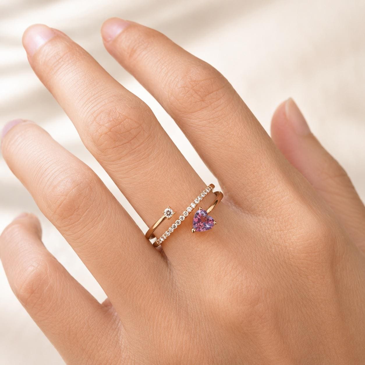 Natural Lavender Sapphire Heart Ring, 18K Rose Gold Open Bypass Ring, Genuine Diamond, September Birthstone Gift