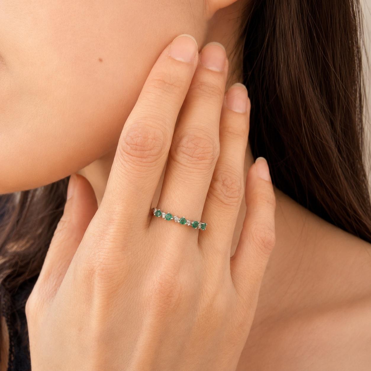 Natural Emerald Diamond Half Eternity Ring, 18K White Gold, Genuine Zambian Emerald Band, May Birthstone Gift