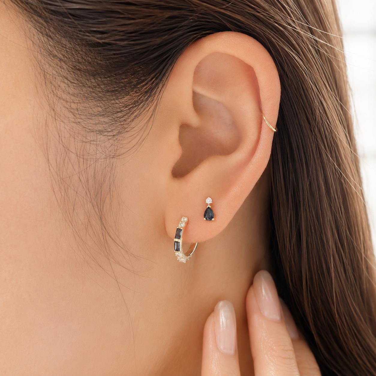 14K Solid Gold Natural Sapphire Diamond Stud Earrings, Genuine Pear Sapphire Drop Studs, September Birthstone Gift