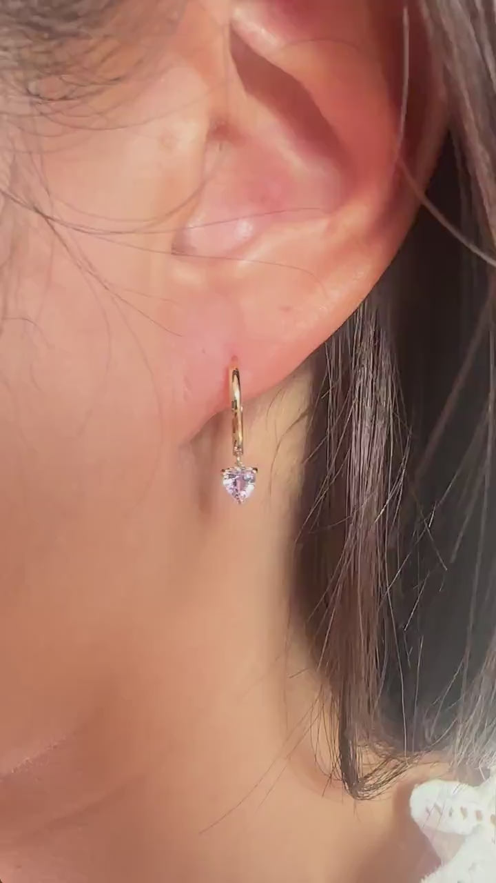 14K Solid Gold Genuine Lavender/Purple Sapphire Heart Huggies/Hoops/Pair