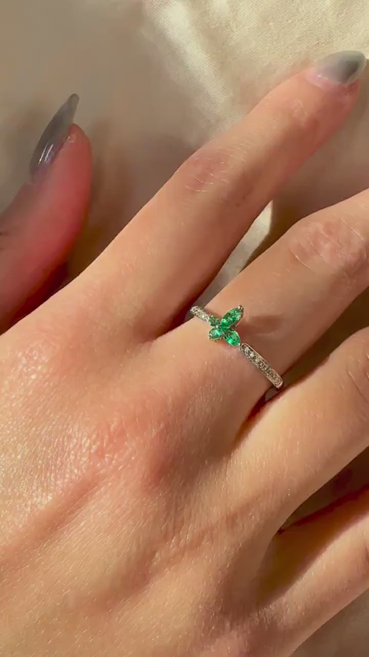 18K Solid White Gold Genuine Emerald and Diamond Butterfly Ring