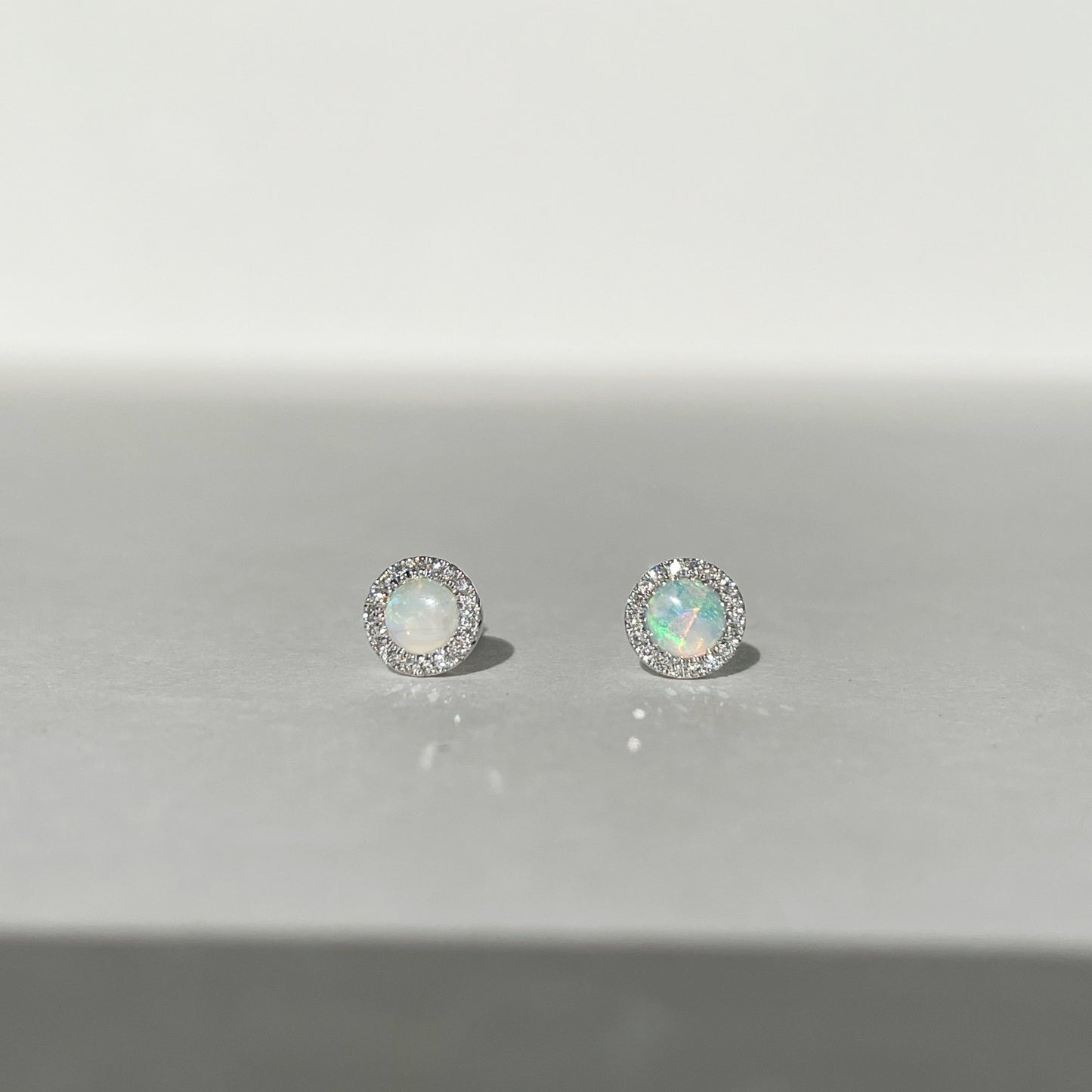 14K Solid Gold Opal and Diamond Studs