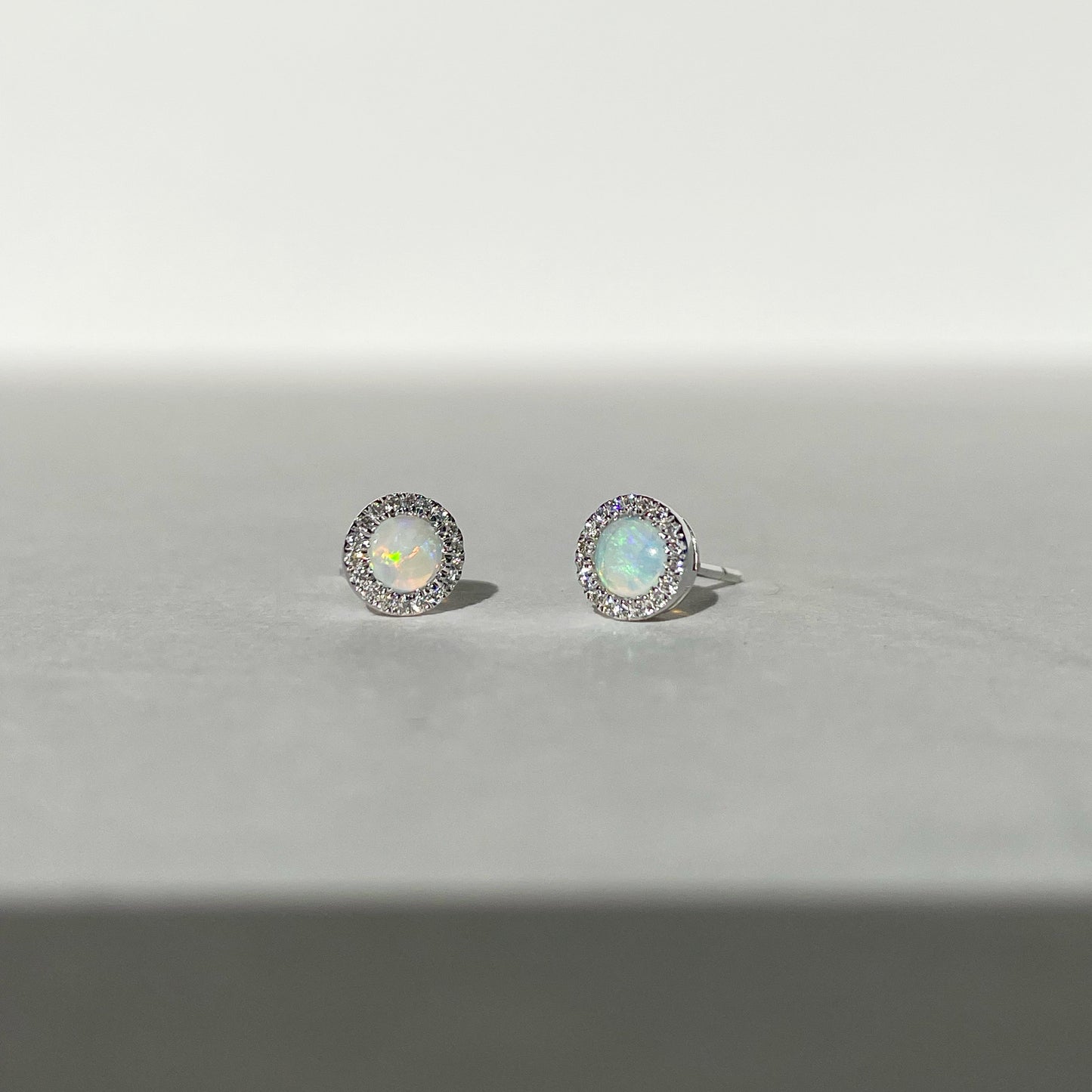 14K Solid Gold Opal and Diamond Studs
