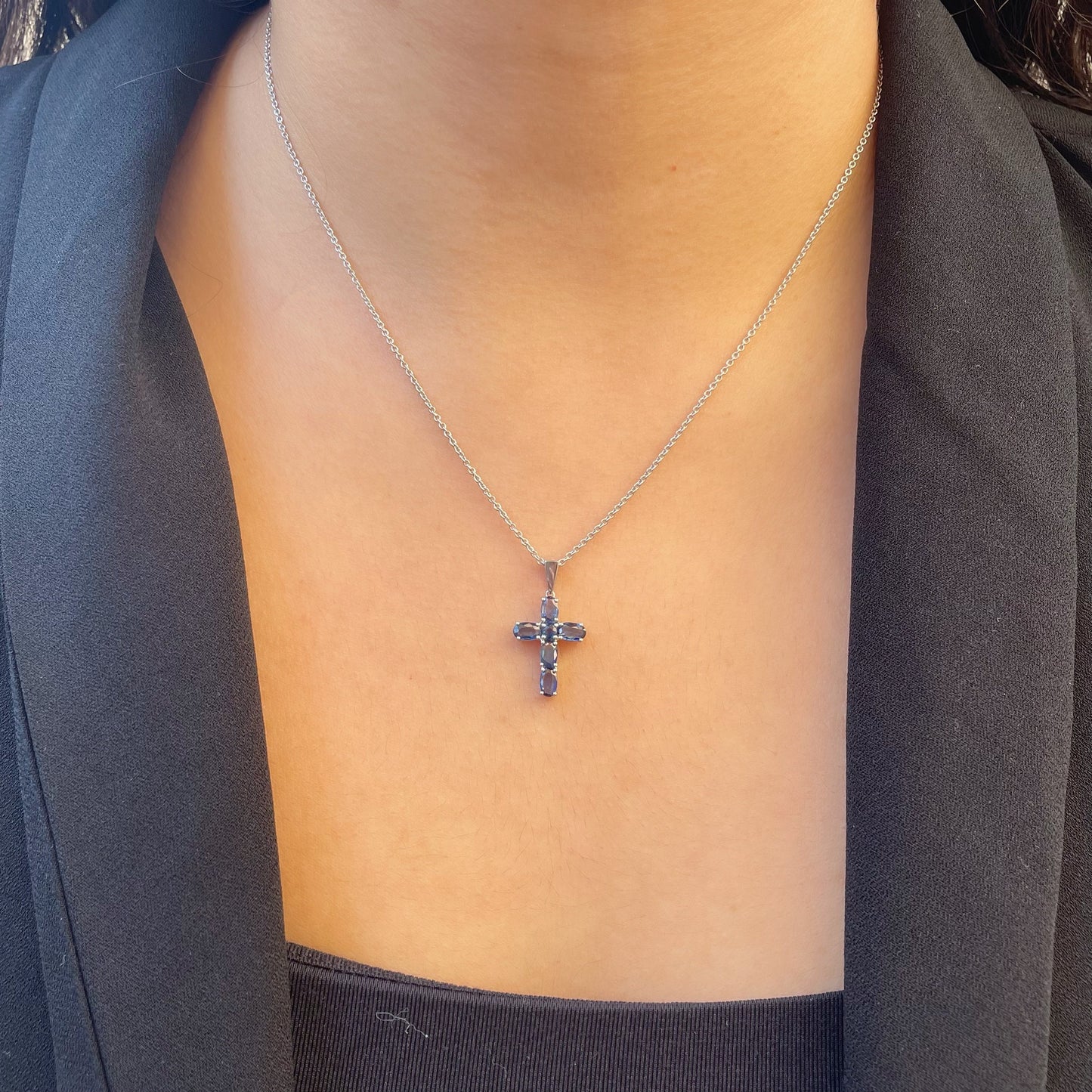 14K Solid Gold Genuine Sapphire Cross Pendant (pendant only)