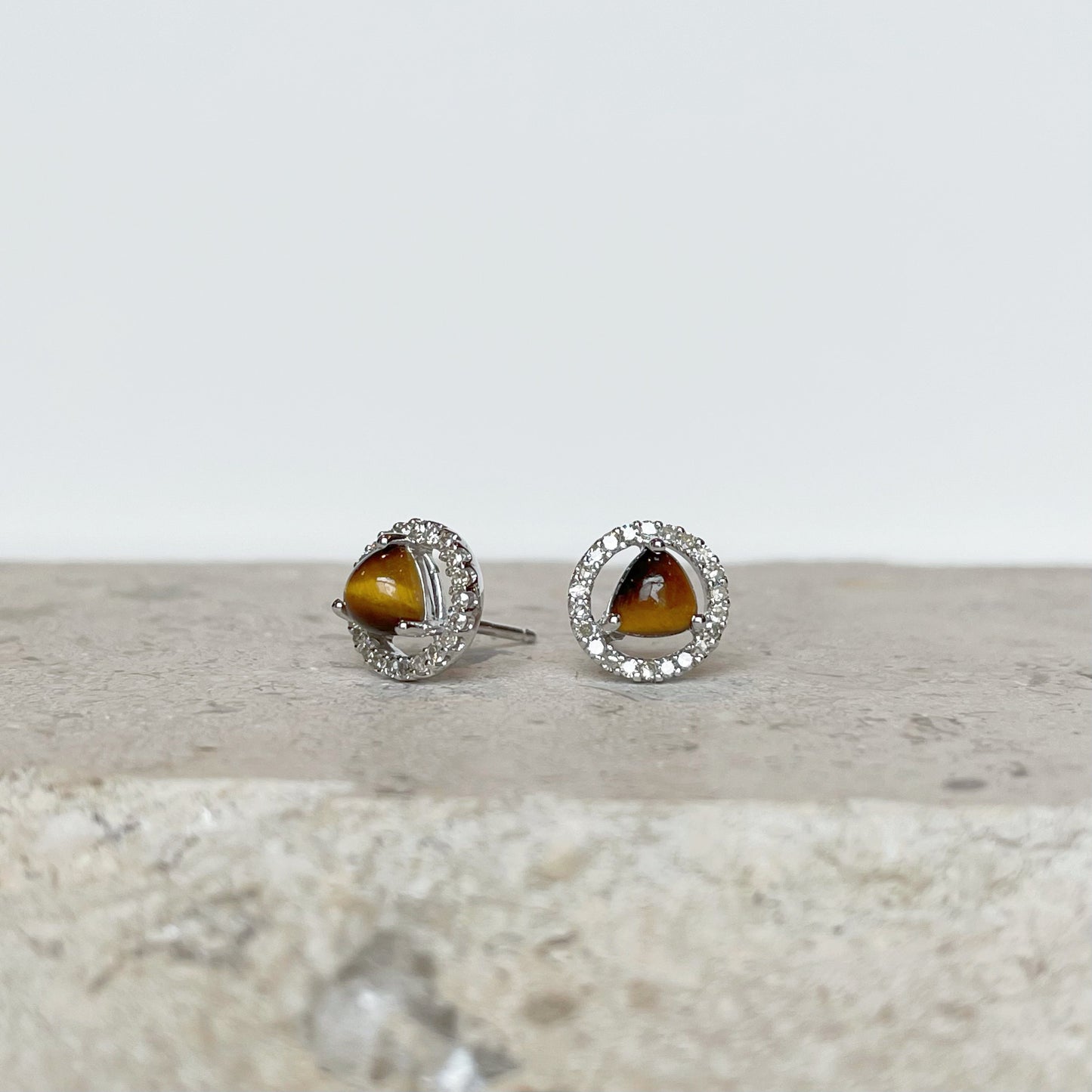 14K Solid Gold Diamond and Tiger Eye Halo Studs