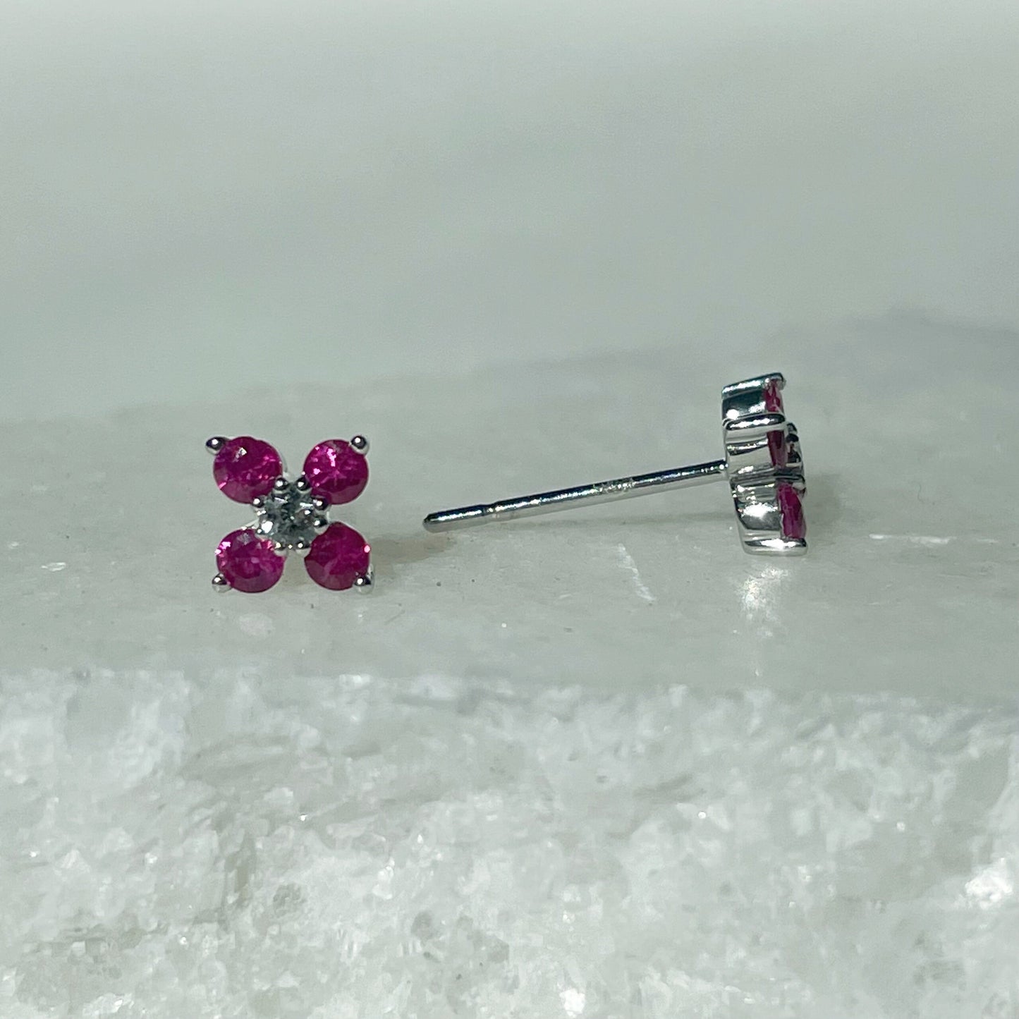 14K Solid Gold Genuine Ruby and Diamond Flower Studs