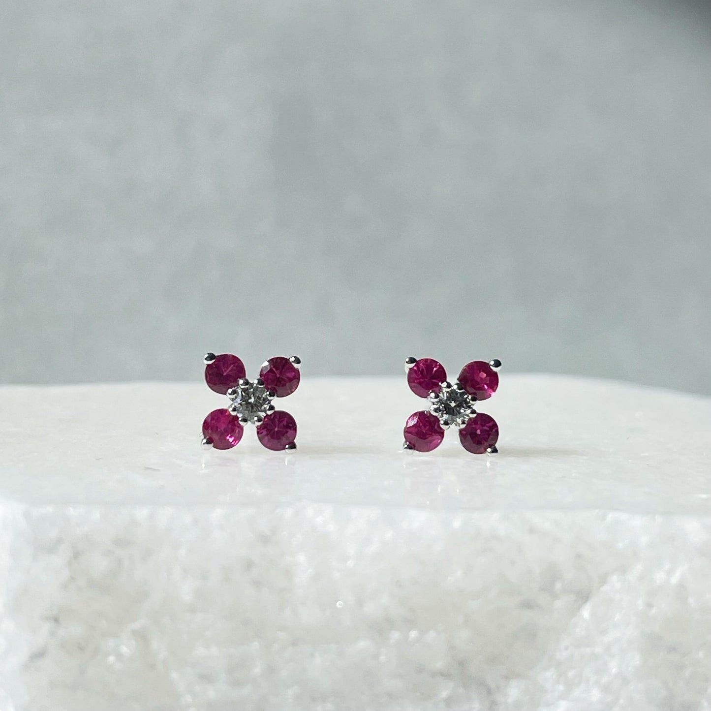 14K Solid Gold Genuine Ruby and Diamond Flower Studs