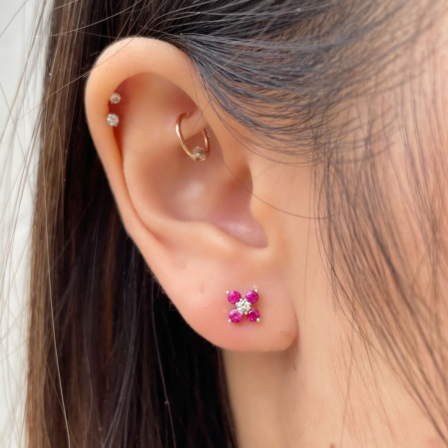 14K Solid Gold Genuine Ruby and Diamond Flower Studs
