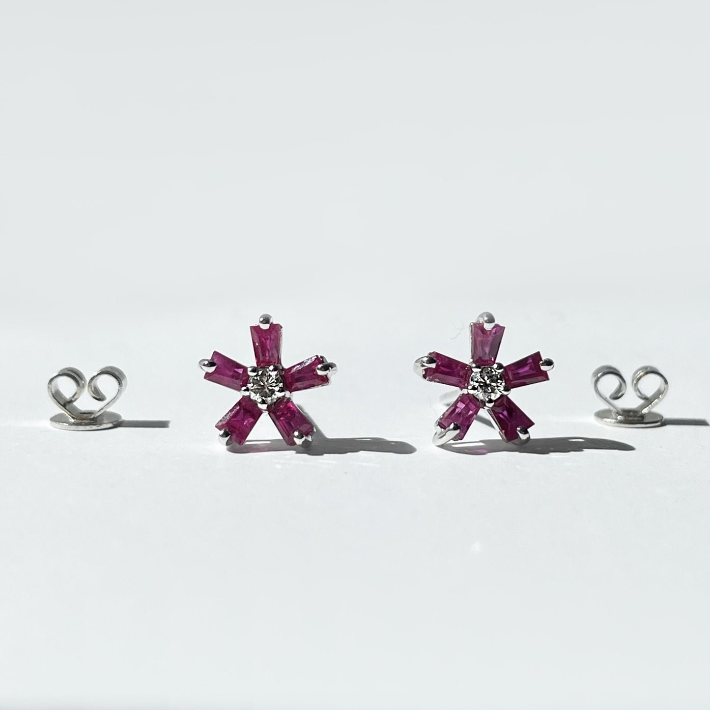 14K Solid Gold Genuine Ruby and Diamond Flower Studs