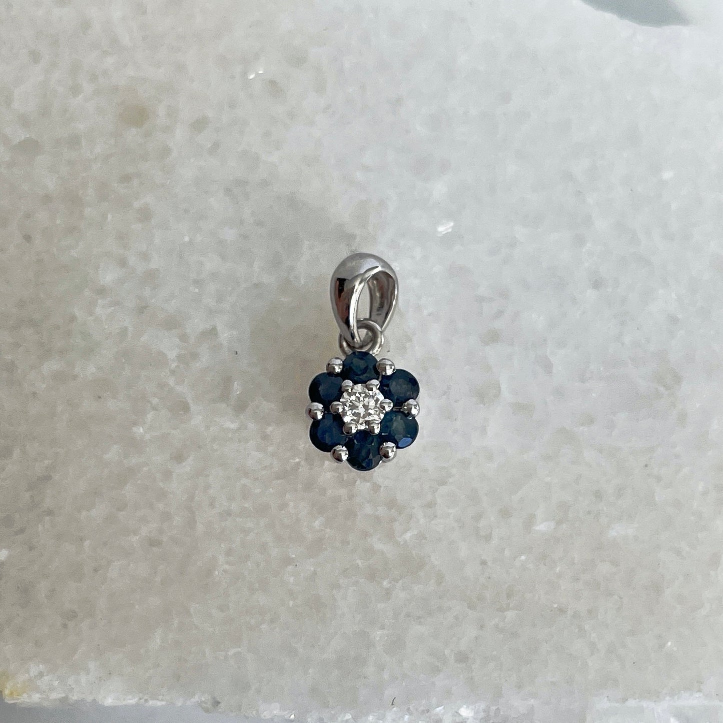 14K Solid Gold Genuine Sapphire and Diamond Flower Pendant (pendant only no chain)