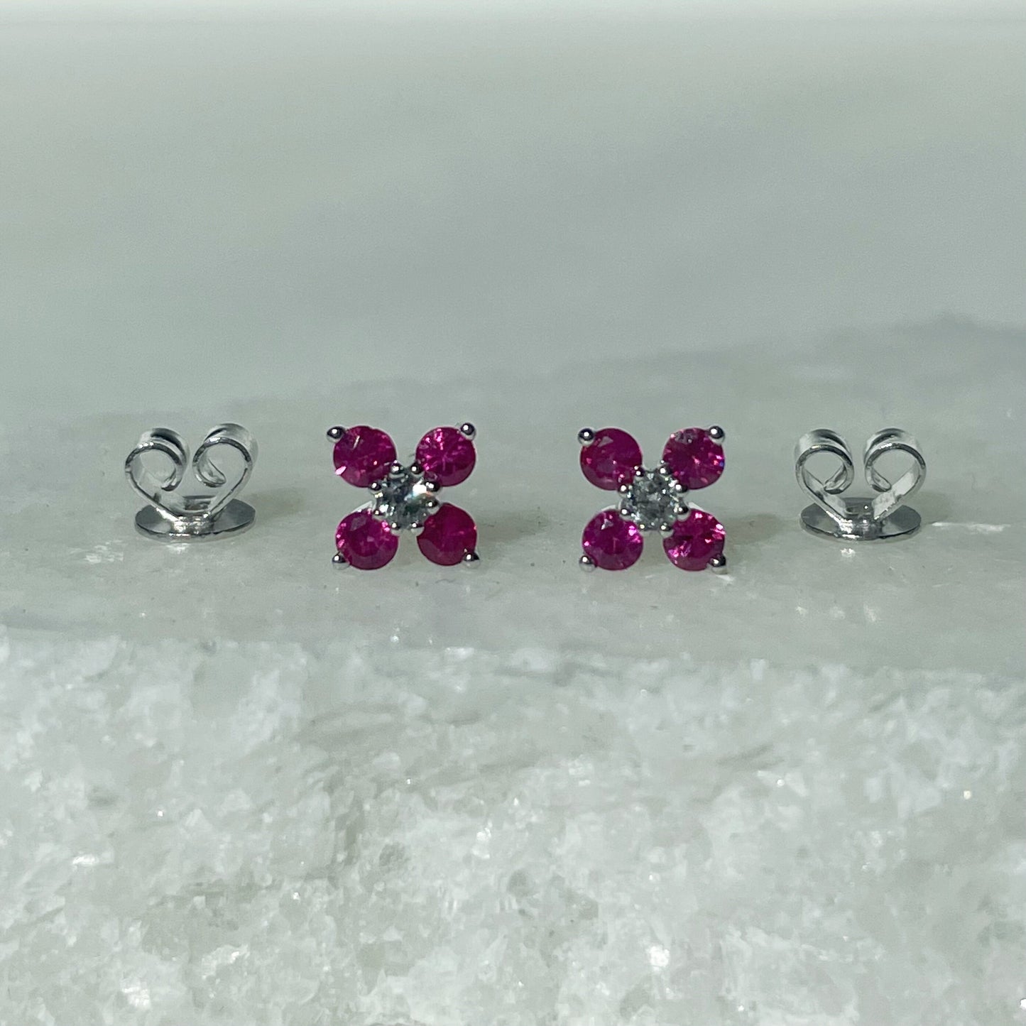 14K Solid Gold Genuine Ruby and Diamond Flower Studs