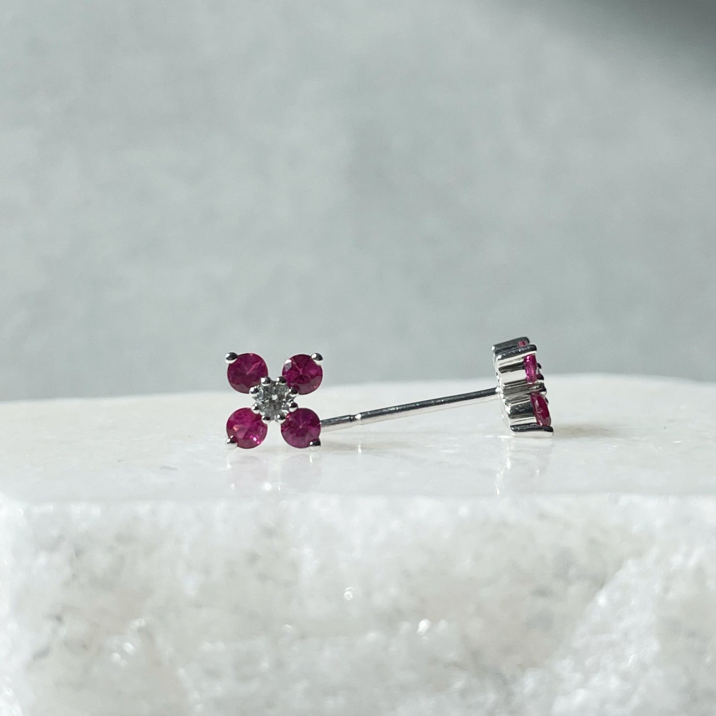 14K Solid Gold Genuine Ruby and Diamond Flower Studs