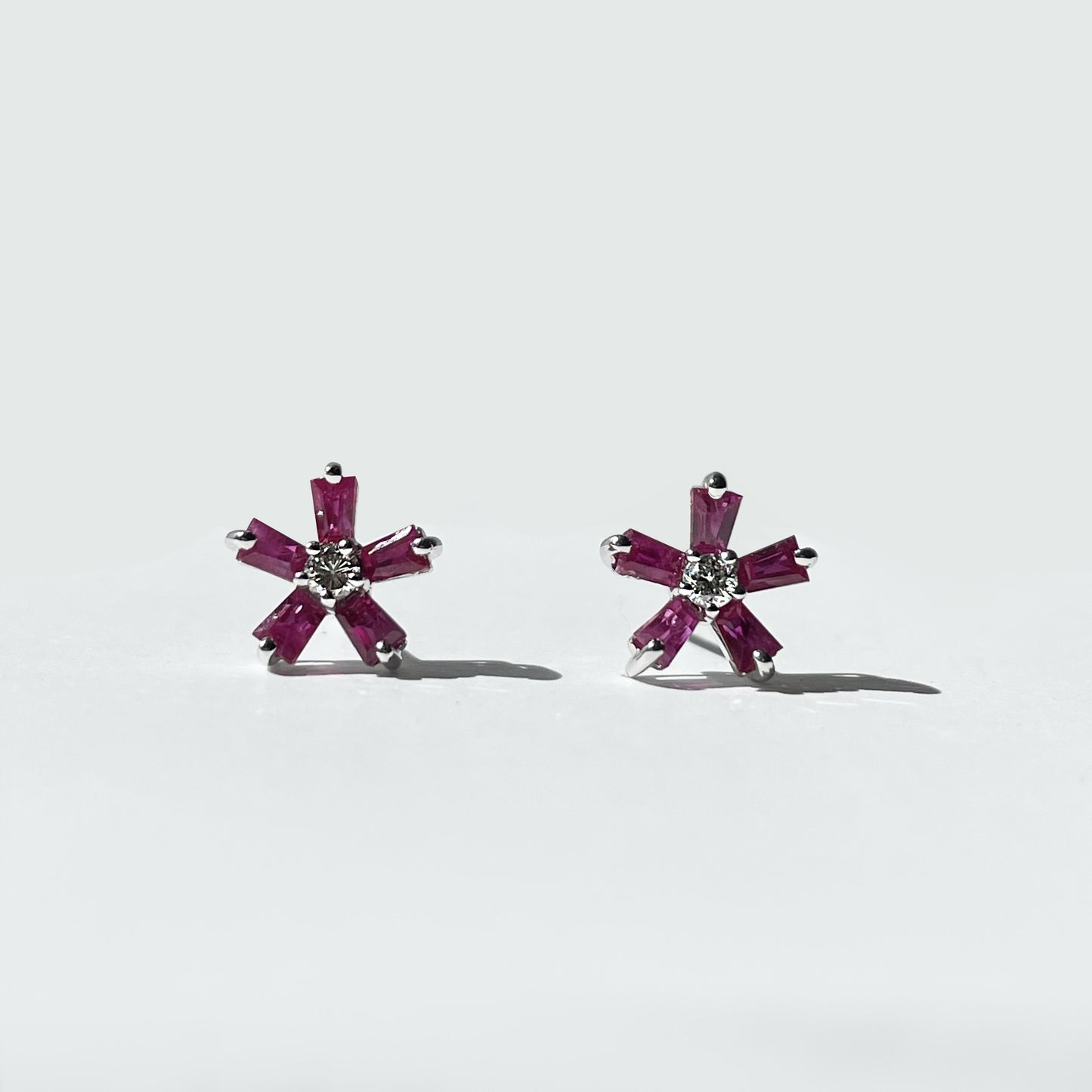 14K Solid Gold Genuine Ruby and Diamond Flower Studs