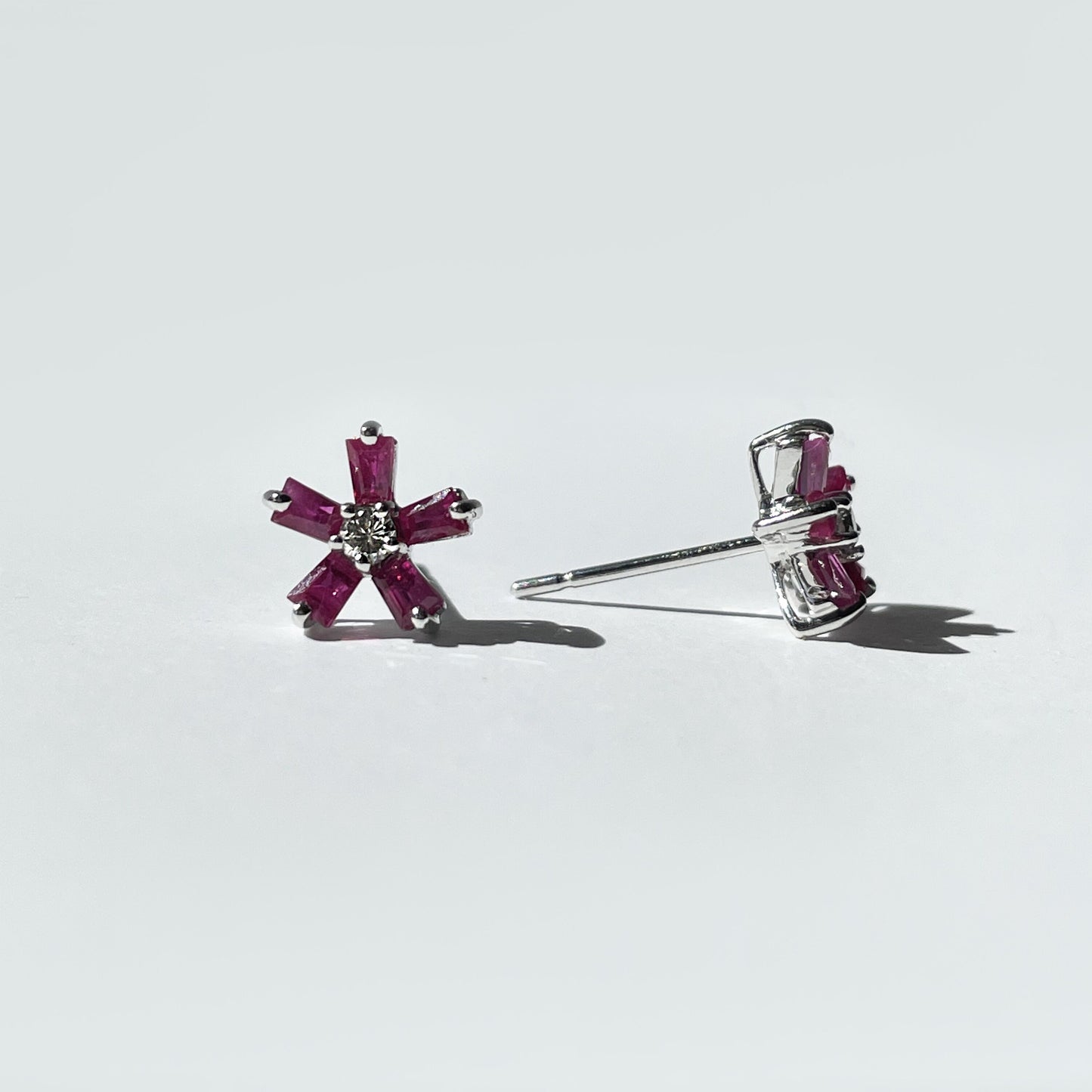 14K Solid Gold Genuine Ruby and Diamond Flower Studs