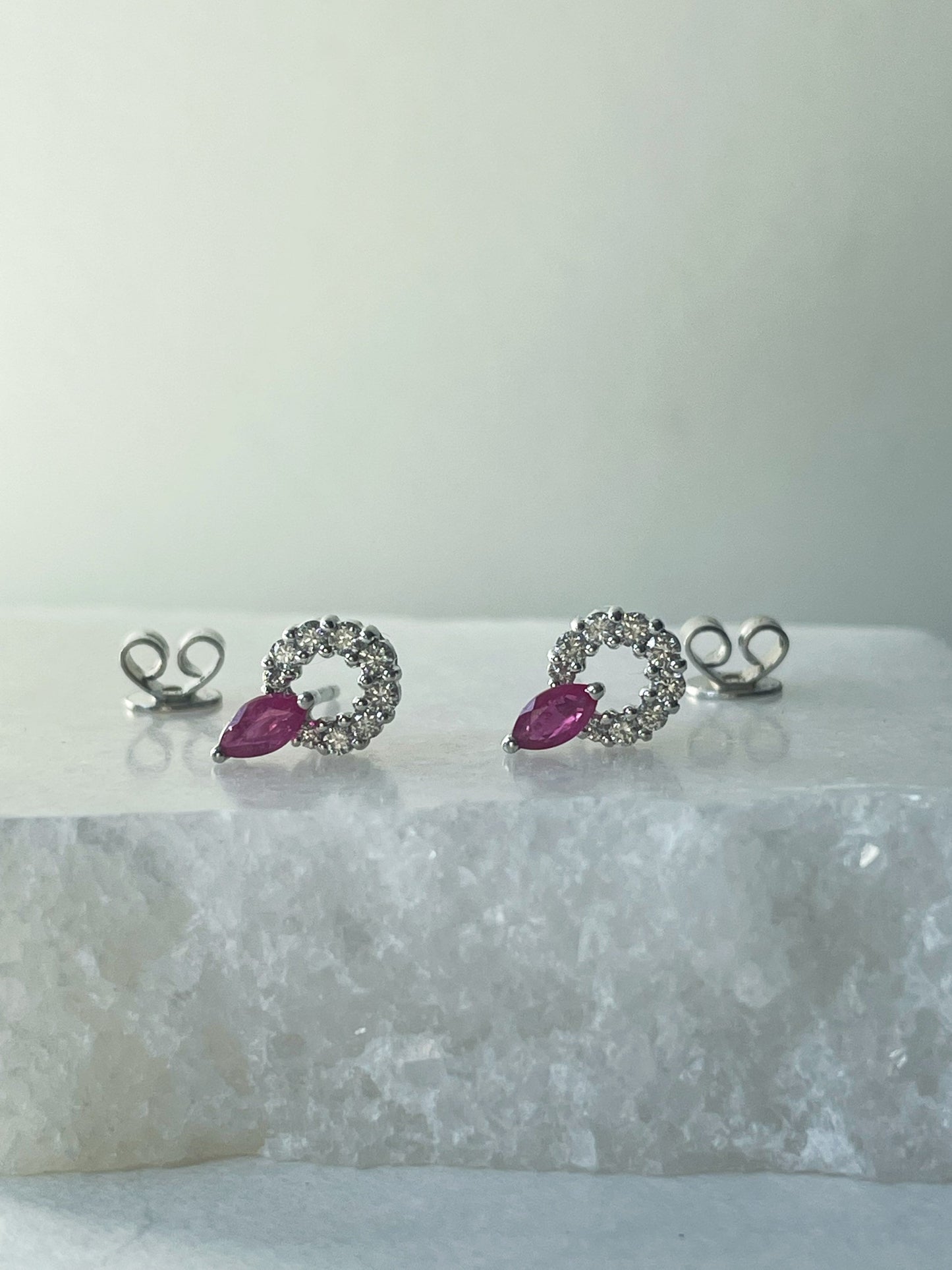 14K Solid Gold Diamond and Ruby Halo Studs