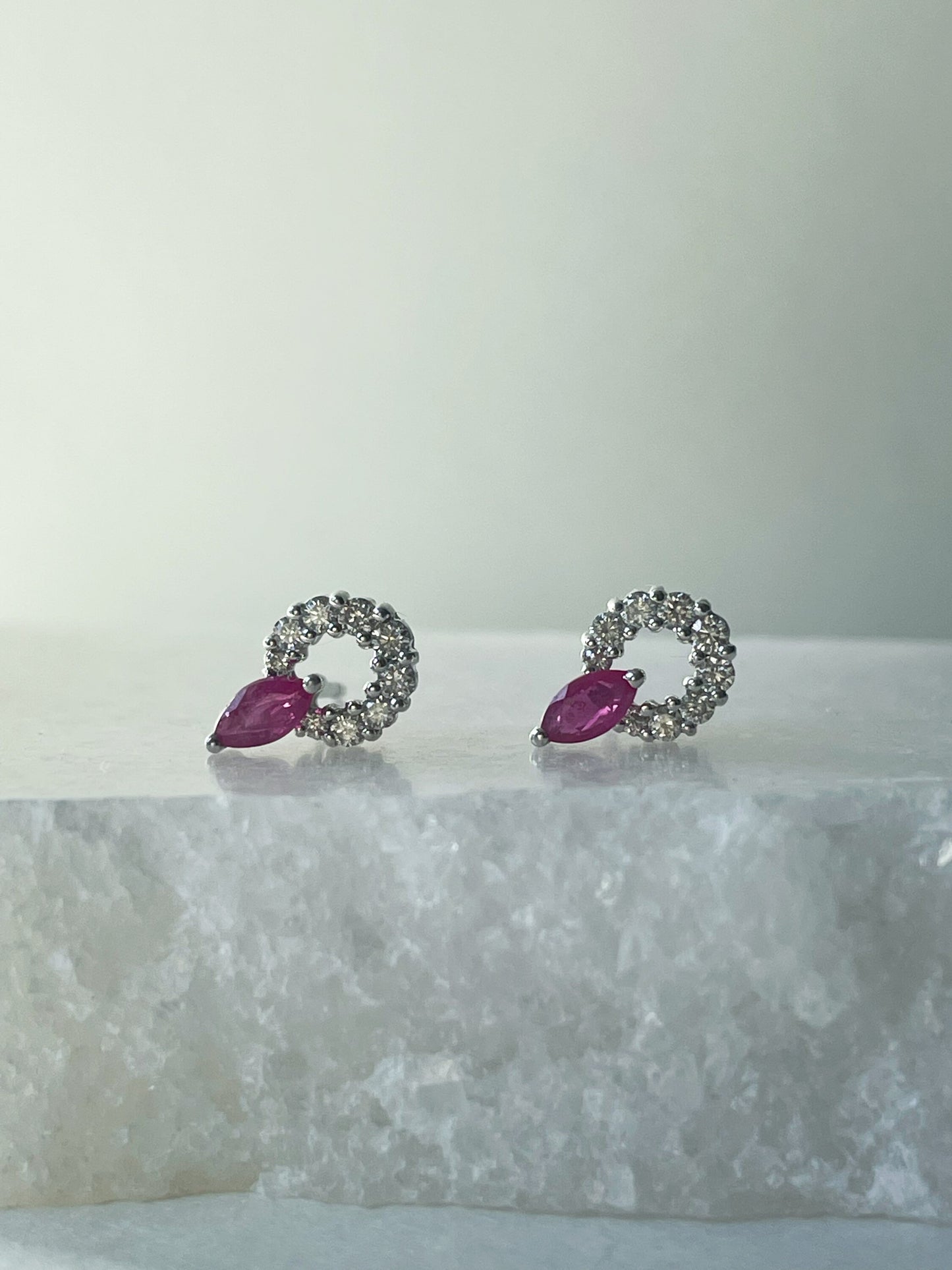 14K Solid Gold Diamond and Ruby Halo Studs