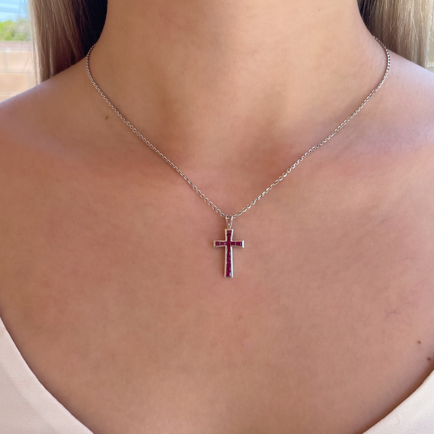 14K Solid Gold Genuine Ruby Cross Pendant (pendant only no chain)