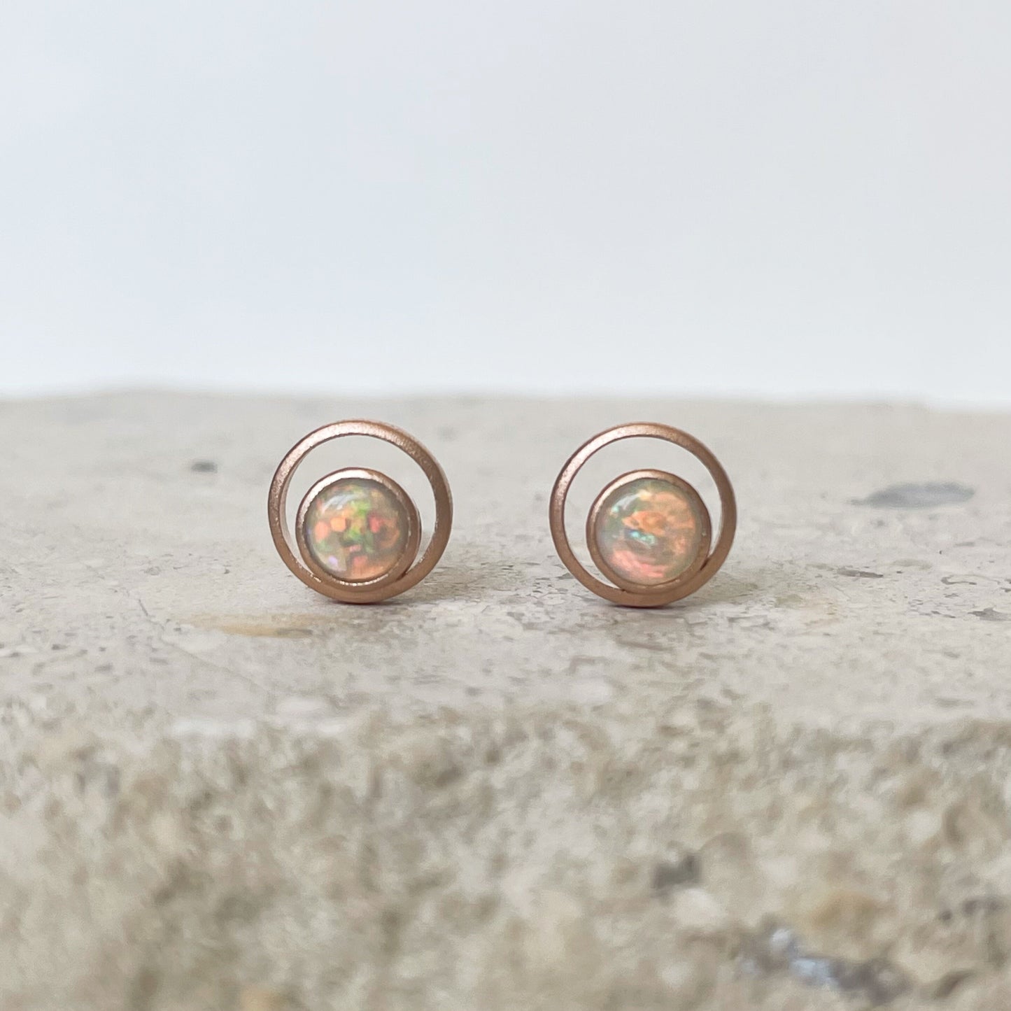 14K Solid Gold Genuine Opal Double Circle Studs/Satin Finish/Pair