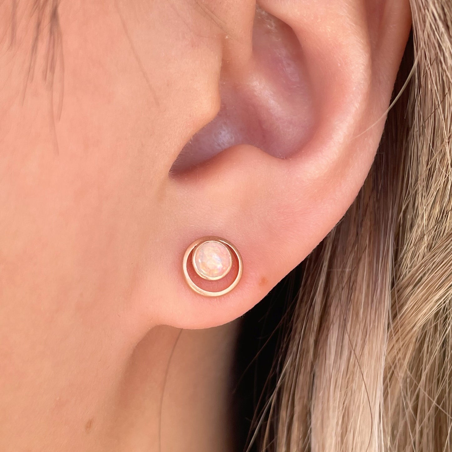 14K Solid Gold Genuine Opal Double Circle Studs/Satin Finish/Pair
