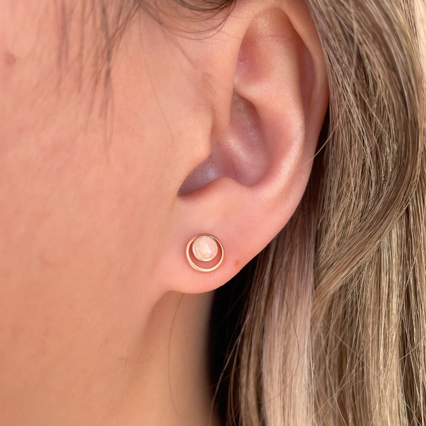 14K Solid Gold Genuine Opal Double Circle Studs/Satin Finish/Pair