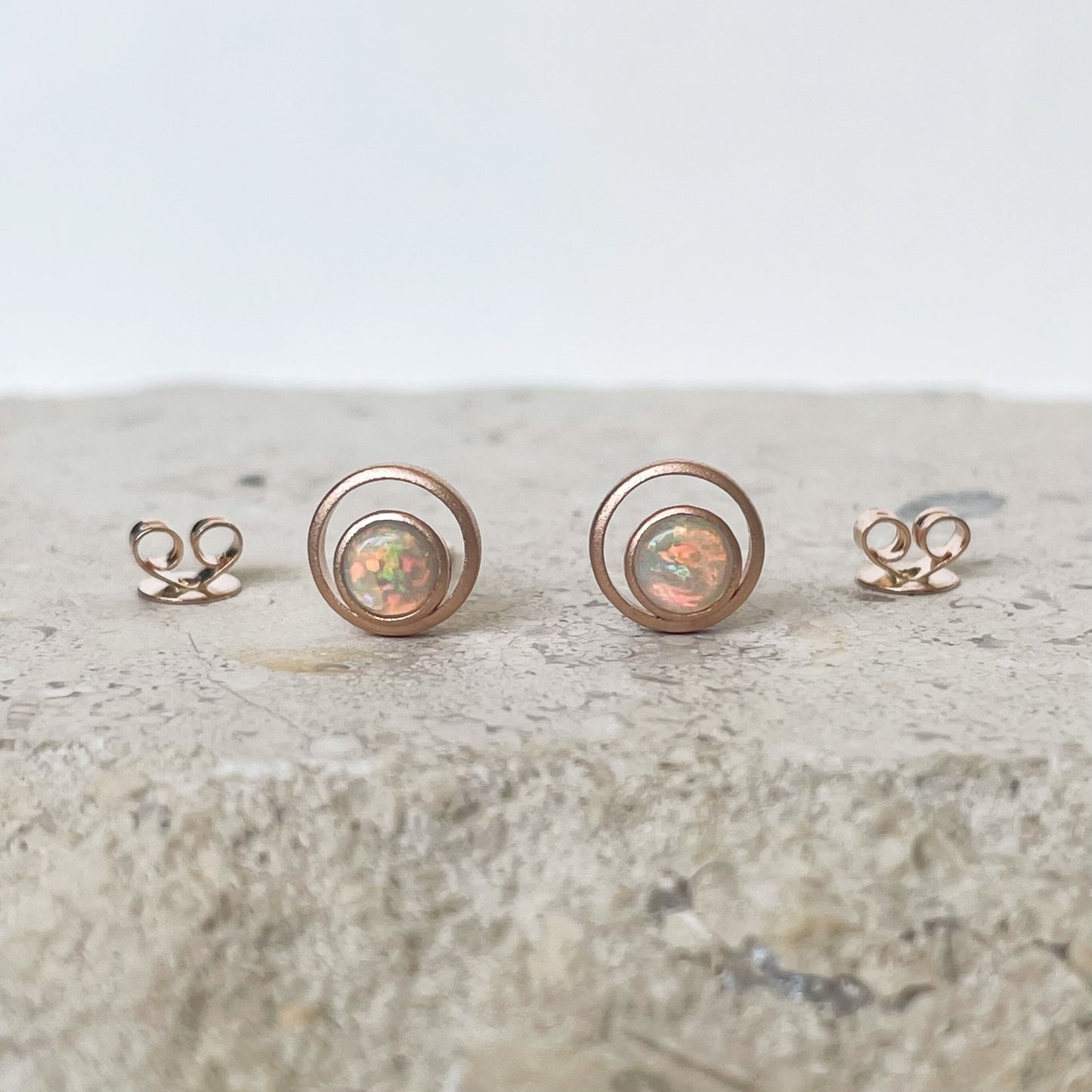14K Solid Gold Genuine Opal Double Circle Studs/Satin Finish/Pair