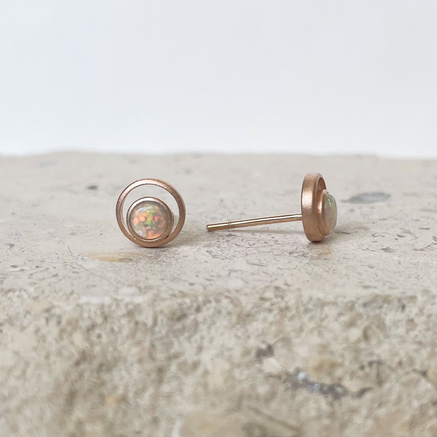 14K Solid Gold Genuine Opal Double Circle Studs/Satin Finish/Pair