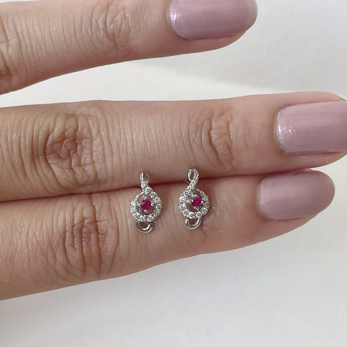 18K Solid Gold Genuine Ruby and Diamond Treble Clef/Music Note Studs/Pair