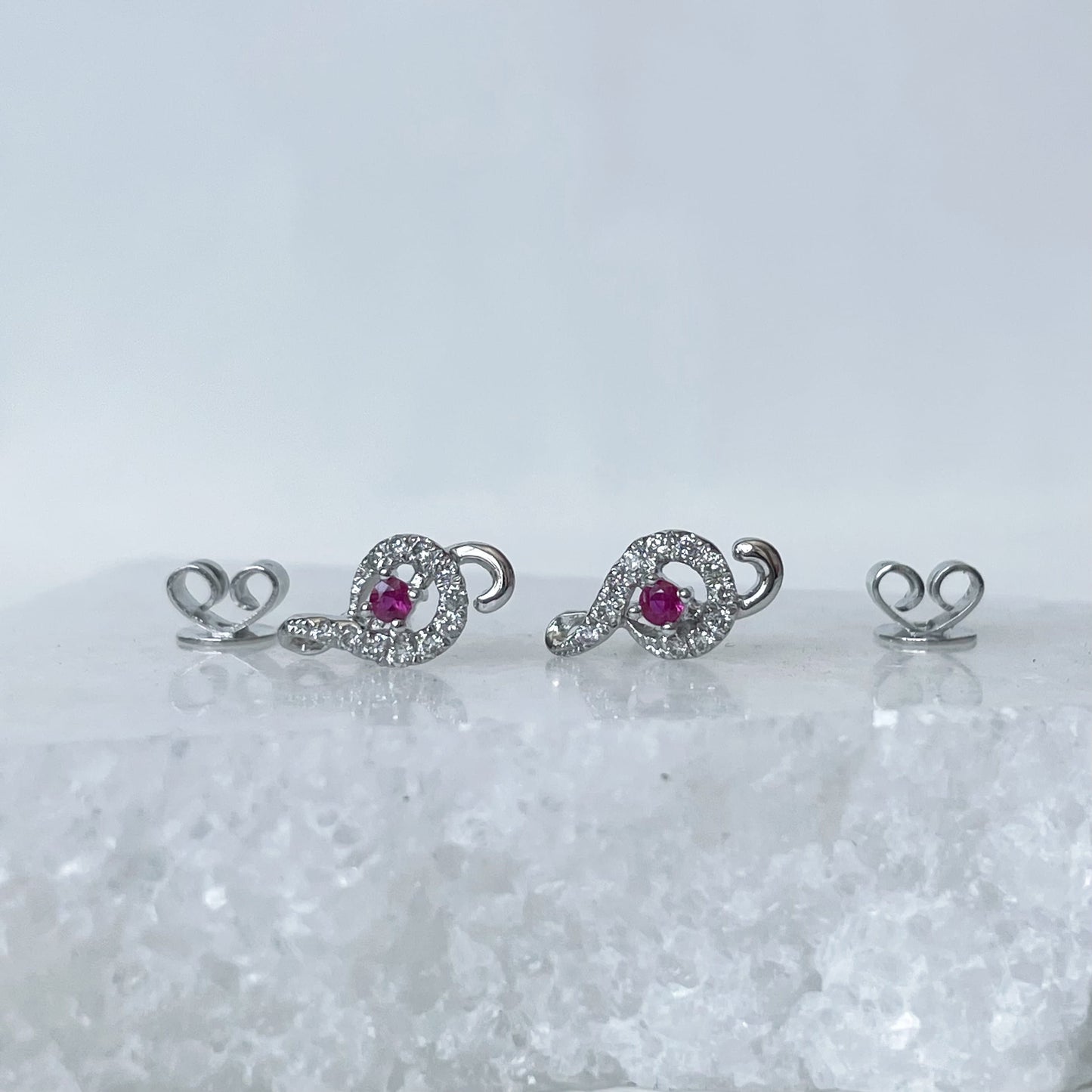18K Solid Gold Genuine Ruby and Diamond Treble Clef/Music Note Studs/Pair