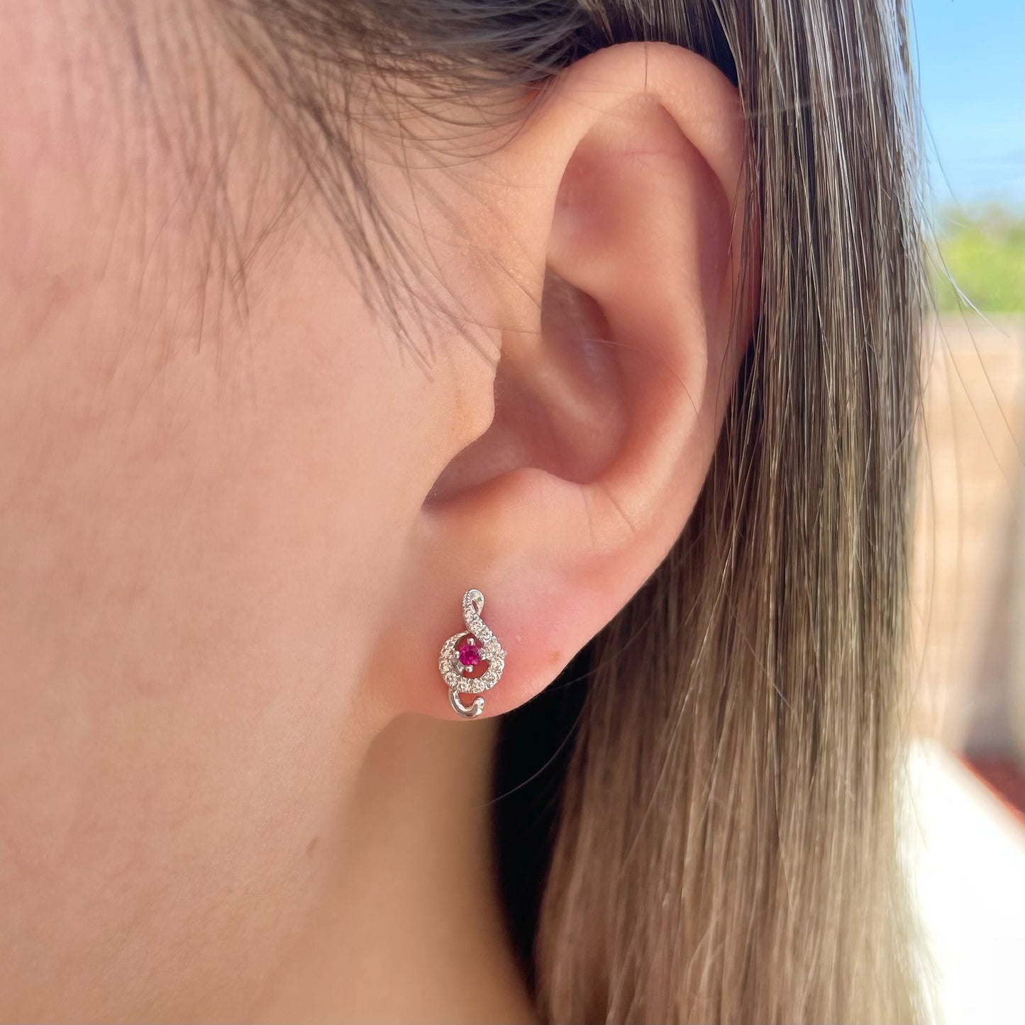 18K Solid Gold Genuine Ruby and Diamond Treble Clef/Music Note Studs/Pair