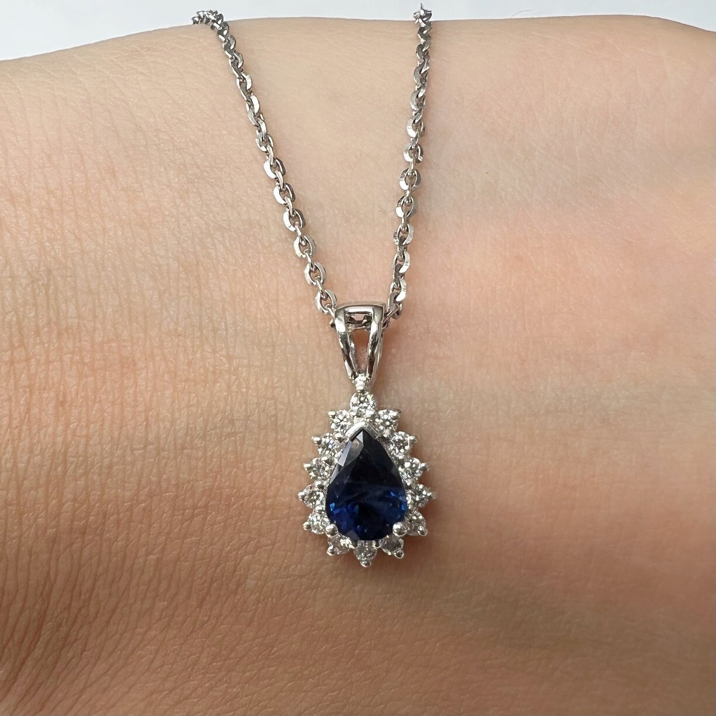 14K Solid Gold Genuine Sapphire and Diamond Teardrop Pendant (pendant only)
