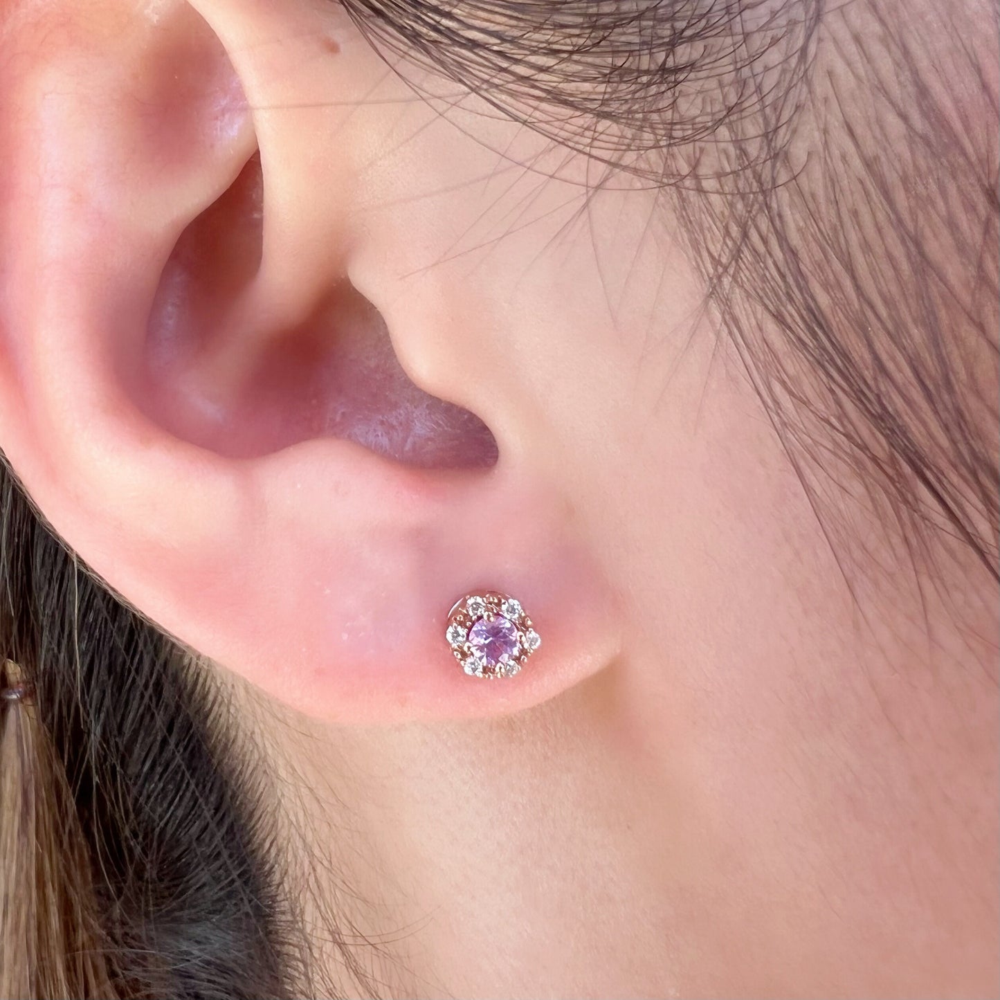 14K Solid Gold Genuine Pink Sapphire and Diamond Studs/Pair