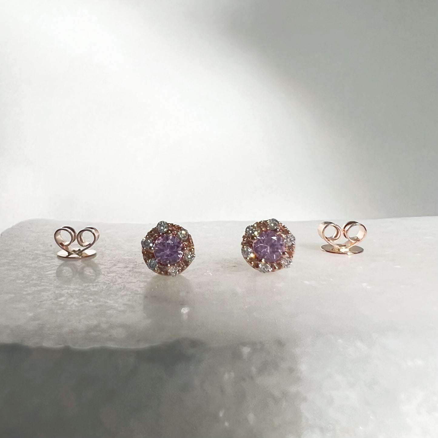 14K Solid Gold Genuine Pink Sapphire and Diamond Studs/Pair