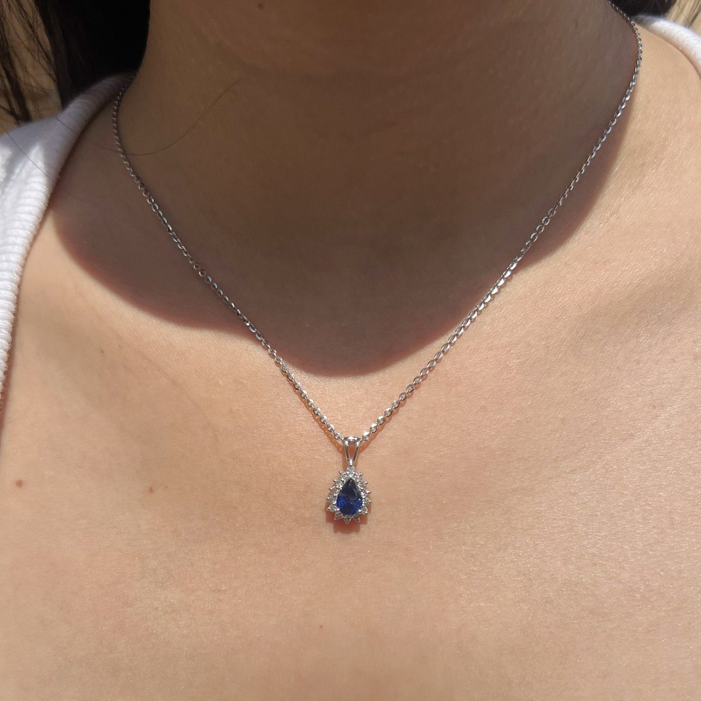 14K Solid Gold Genuine Sapphire and Diamond Teardrop Pendant (pendant only)
