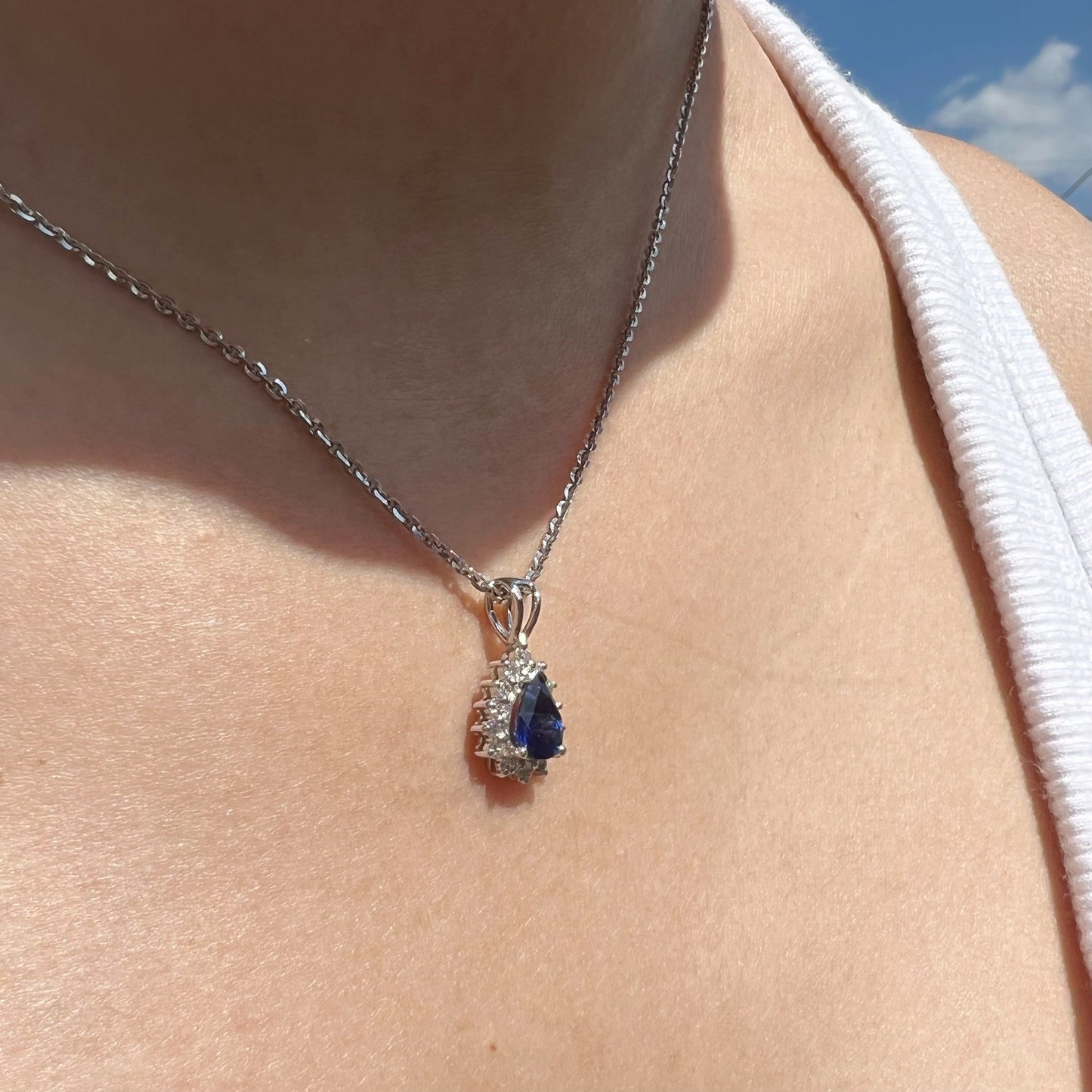 14K Solid Gold Genuine Sapphire and Diamond Teardrop Pendant (pendant only)