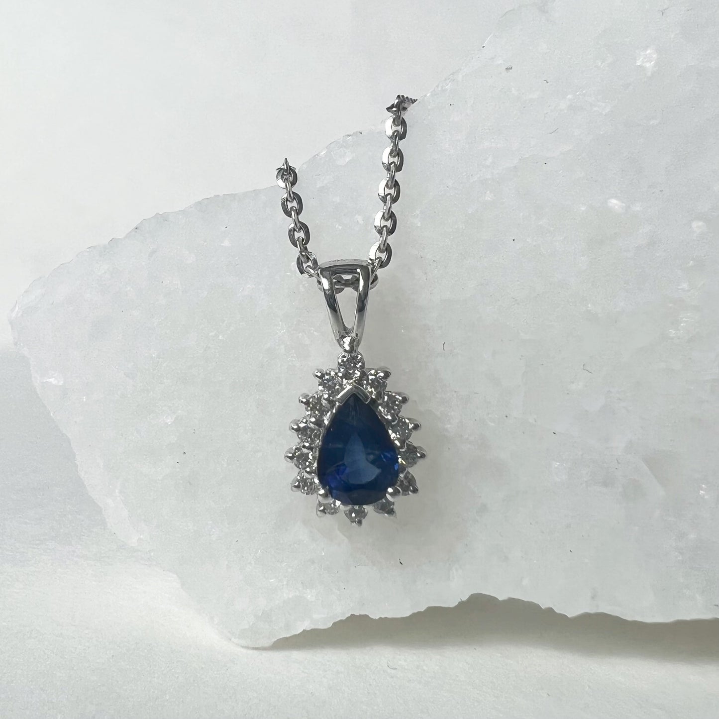 14K Solid Gold Genuine Sapphire and Diamond Teardrop Pendant (pendant only)