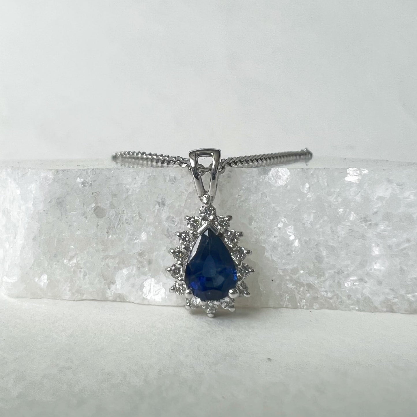 14K Solid Gold Genuine Sapphire and Diamond Teardrop Pendant (pendant only)