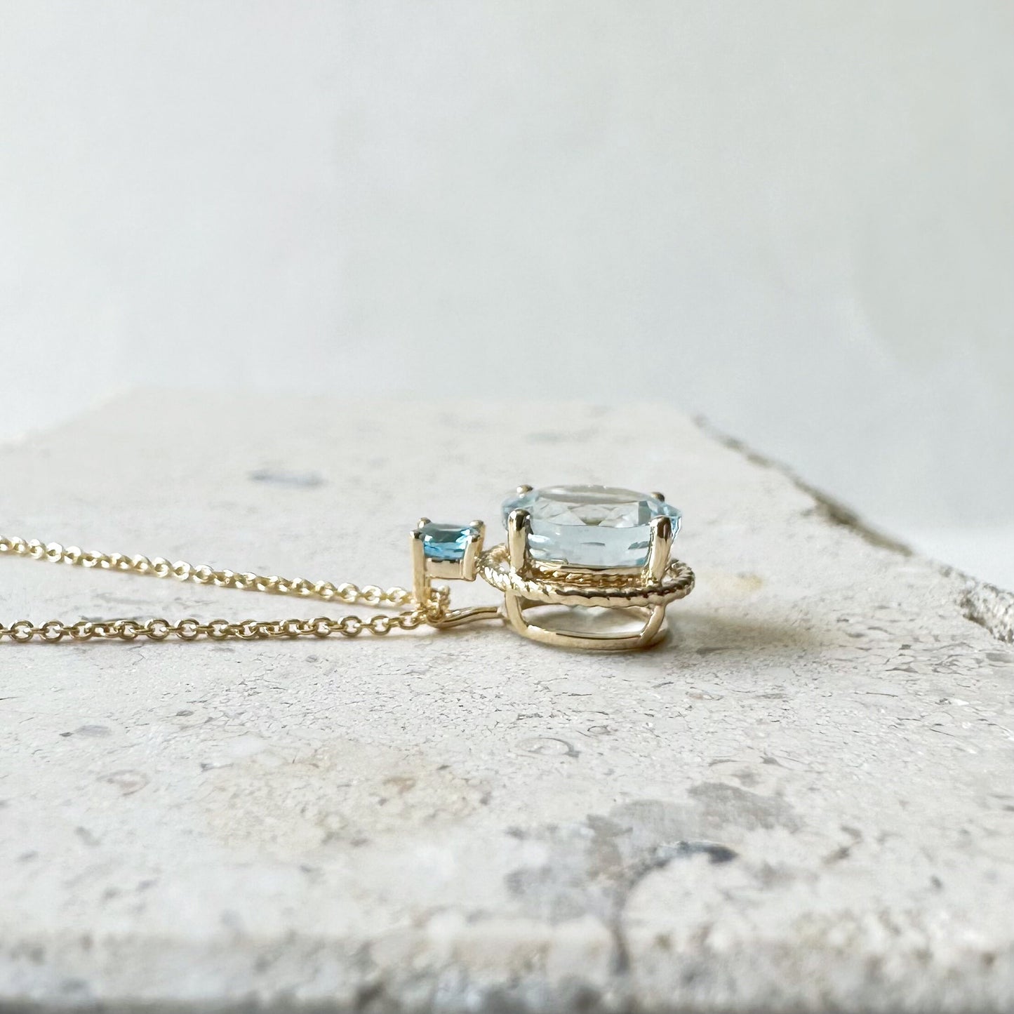 14K Solid Gold Genuine Aquamarine and Blue Topaz Necklace