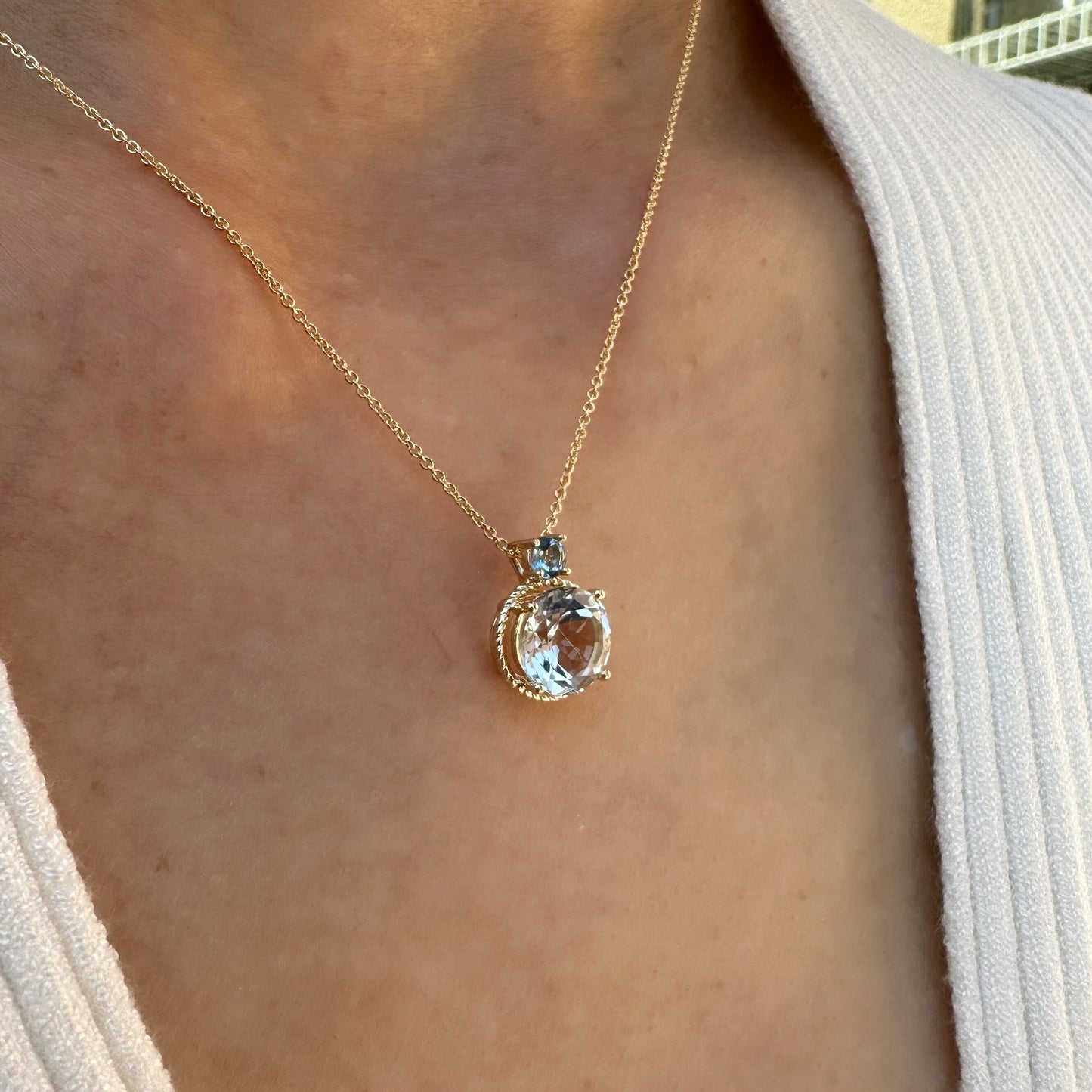 14K Solid Gold Genuine Aquamarine and Blue Topaz Necklace