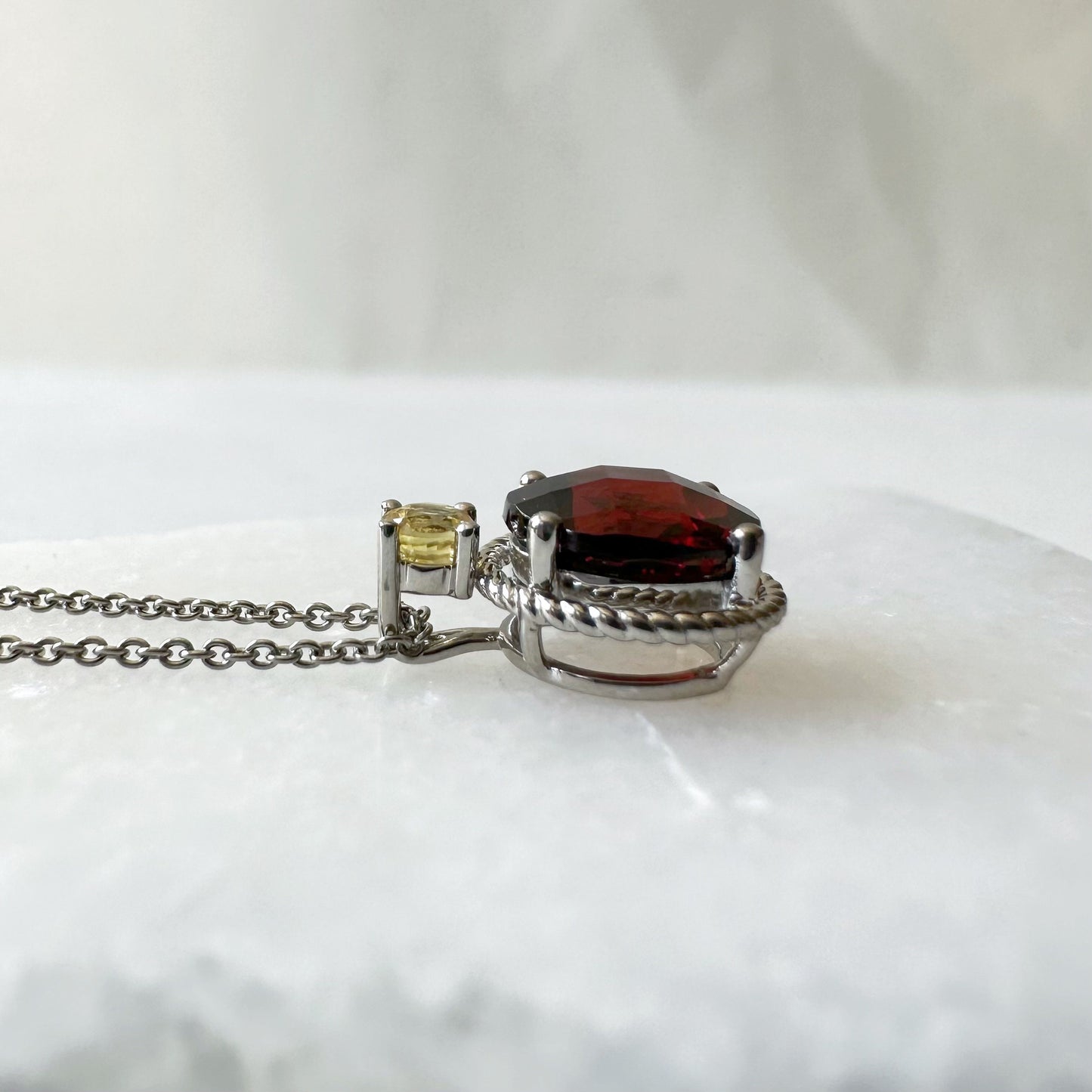 14K Solid Gold Genuine Cushion Cut Garnet and Yellow Sapphire Necklace