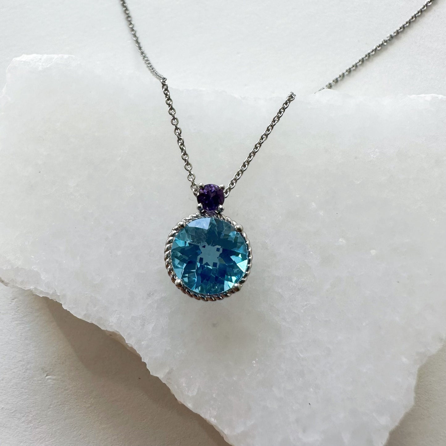 14K Solid Gold Genuine Cushion Cut Blue Topaz and Amethyst Necklace