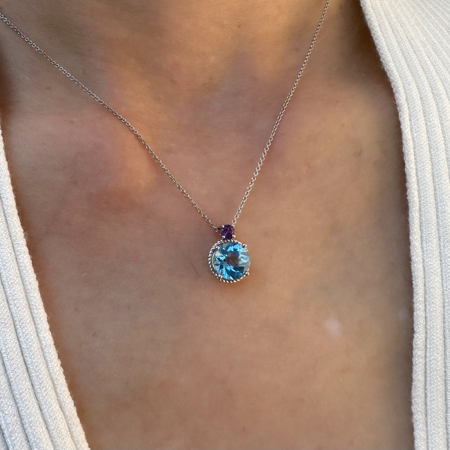 14K Solid Gold Genuine Cushion Cut Blue Topaz and Amethyst Necklace