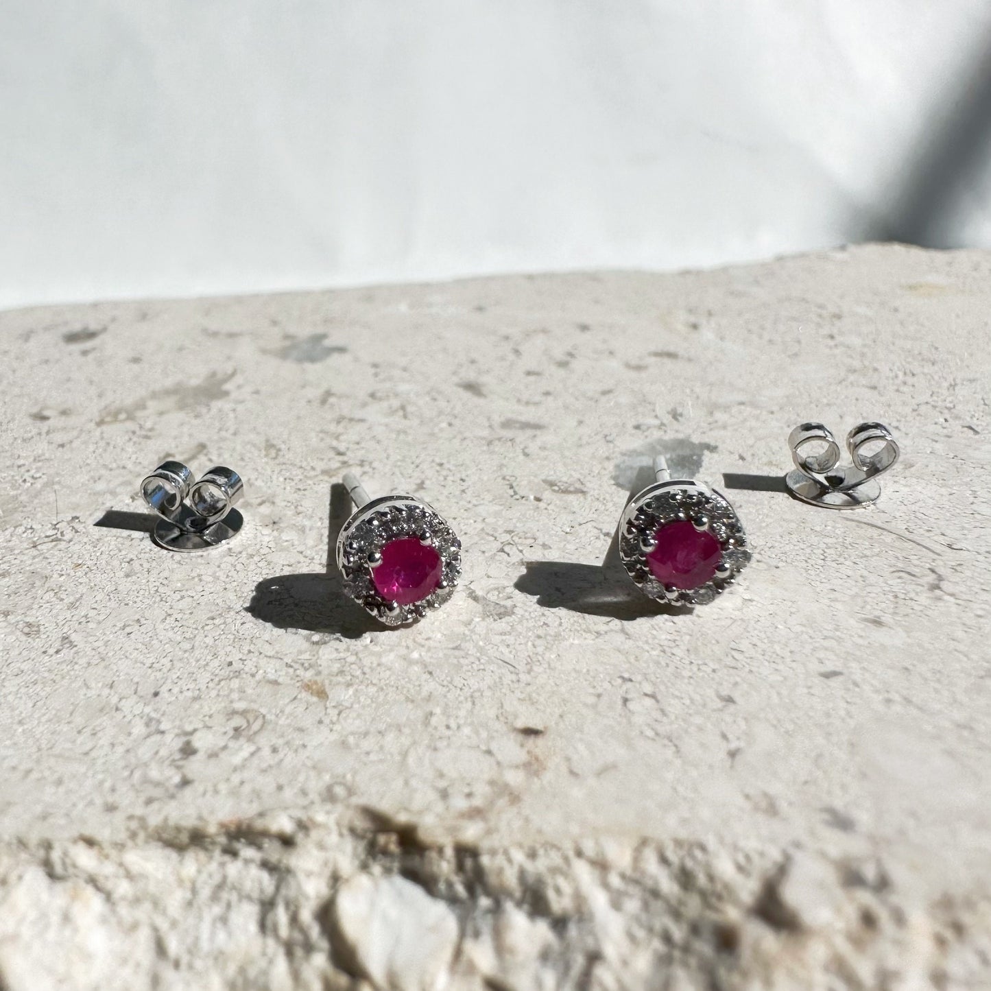 14K Solid Gold Genuine Diamond and Ruby Halo Studs/Pair