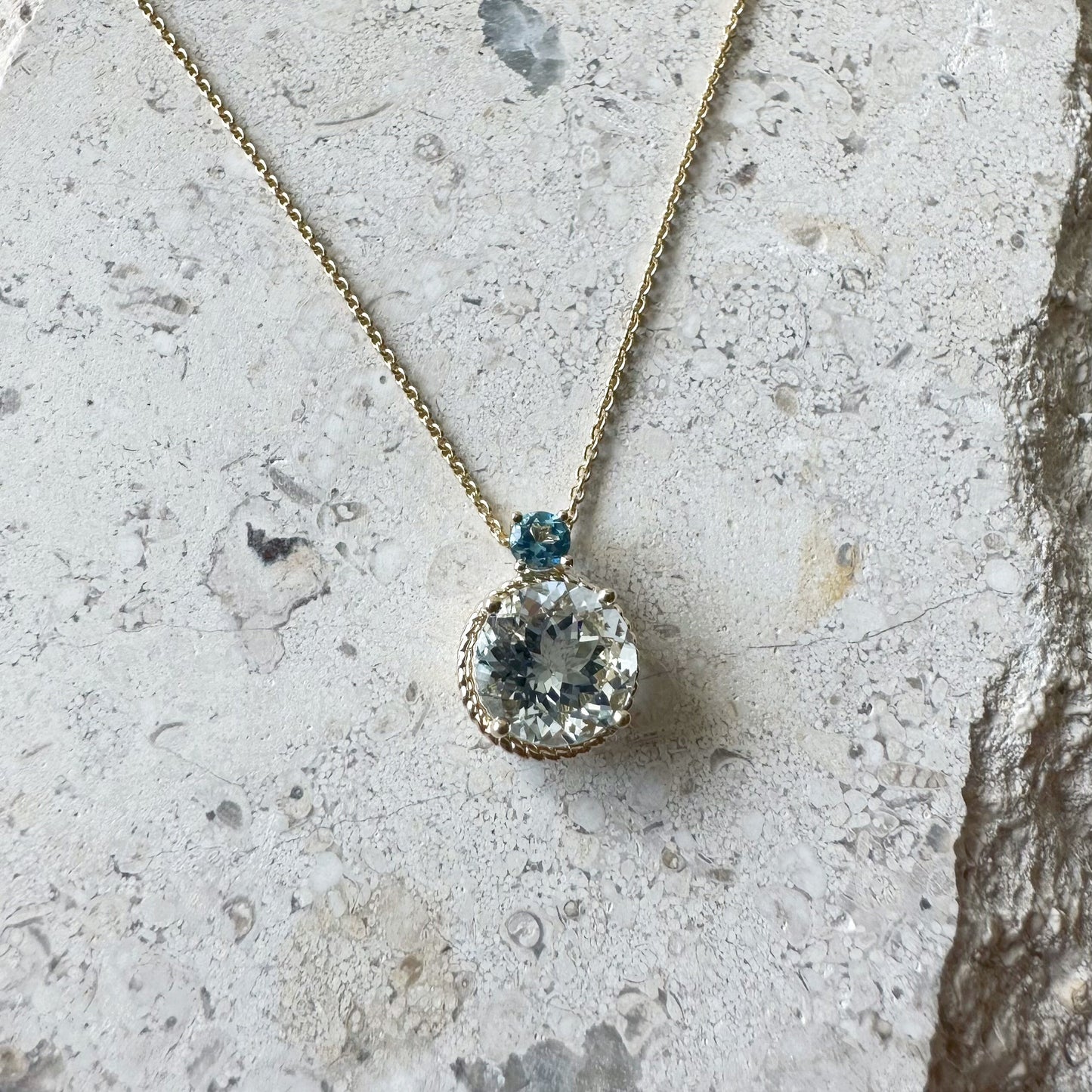 14K Solid Gold Genuine Aquamarine and Blue Topaz Necklace