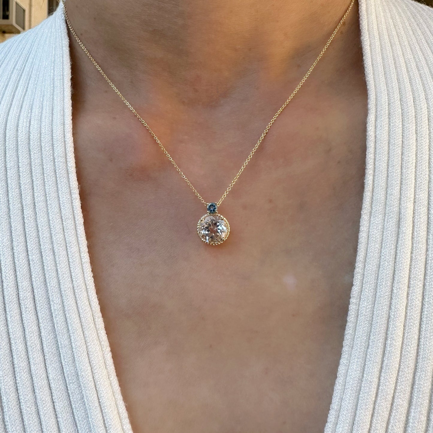 14K Solid Gold Genuine Aquamarine and Blue Topaz Necklace