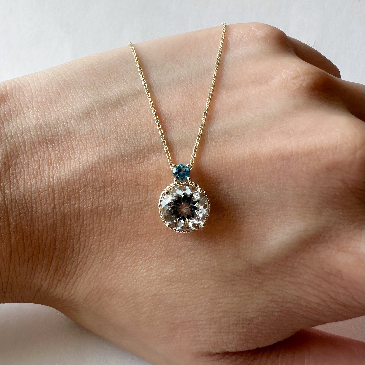 14K Solid Gold Genuine Aquamarine and Blue Topaz Necklace
