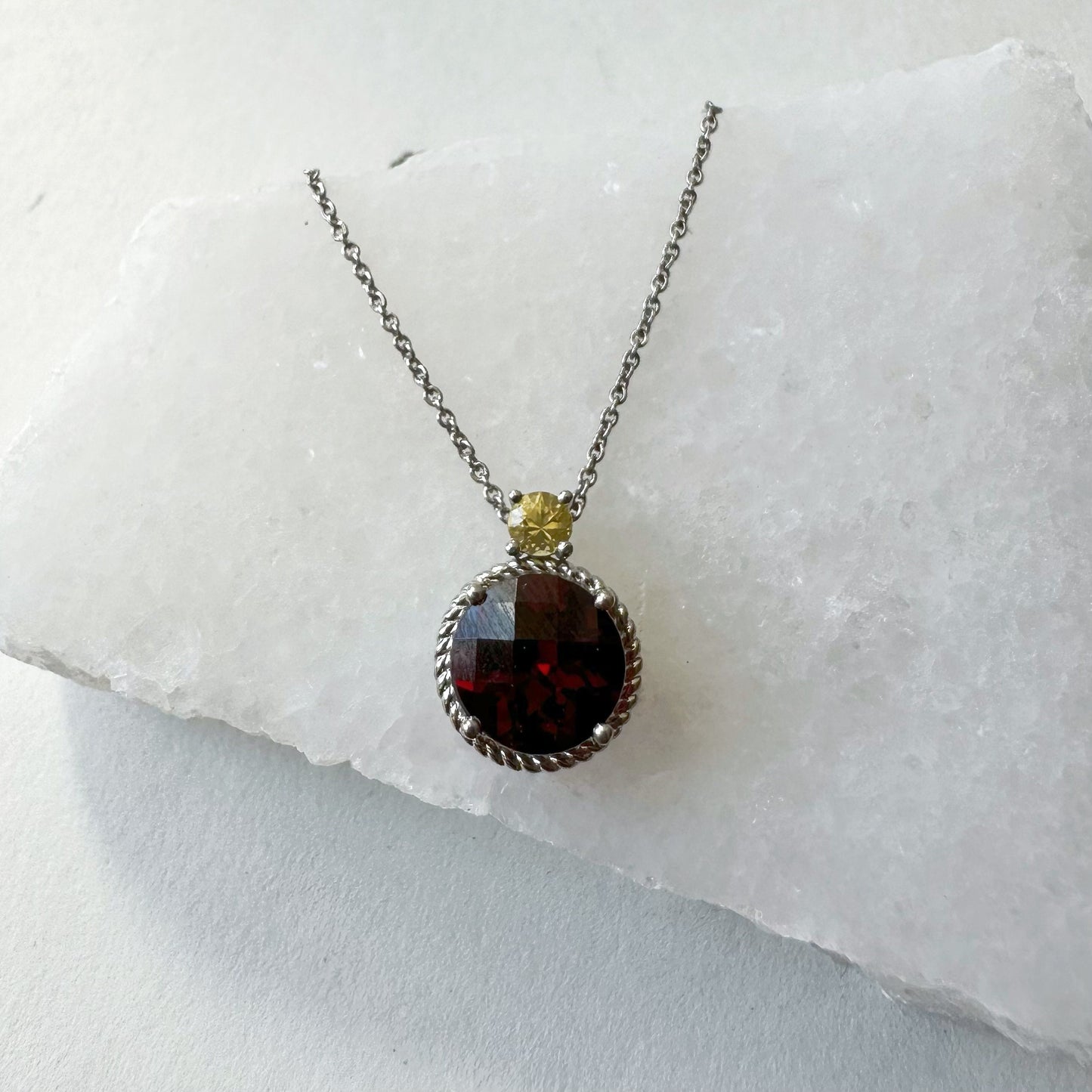 14K Solid Gold Genuine Cushion Cut Garnet and Yellow Sapphire Necklace