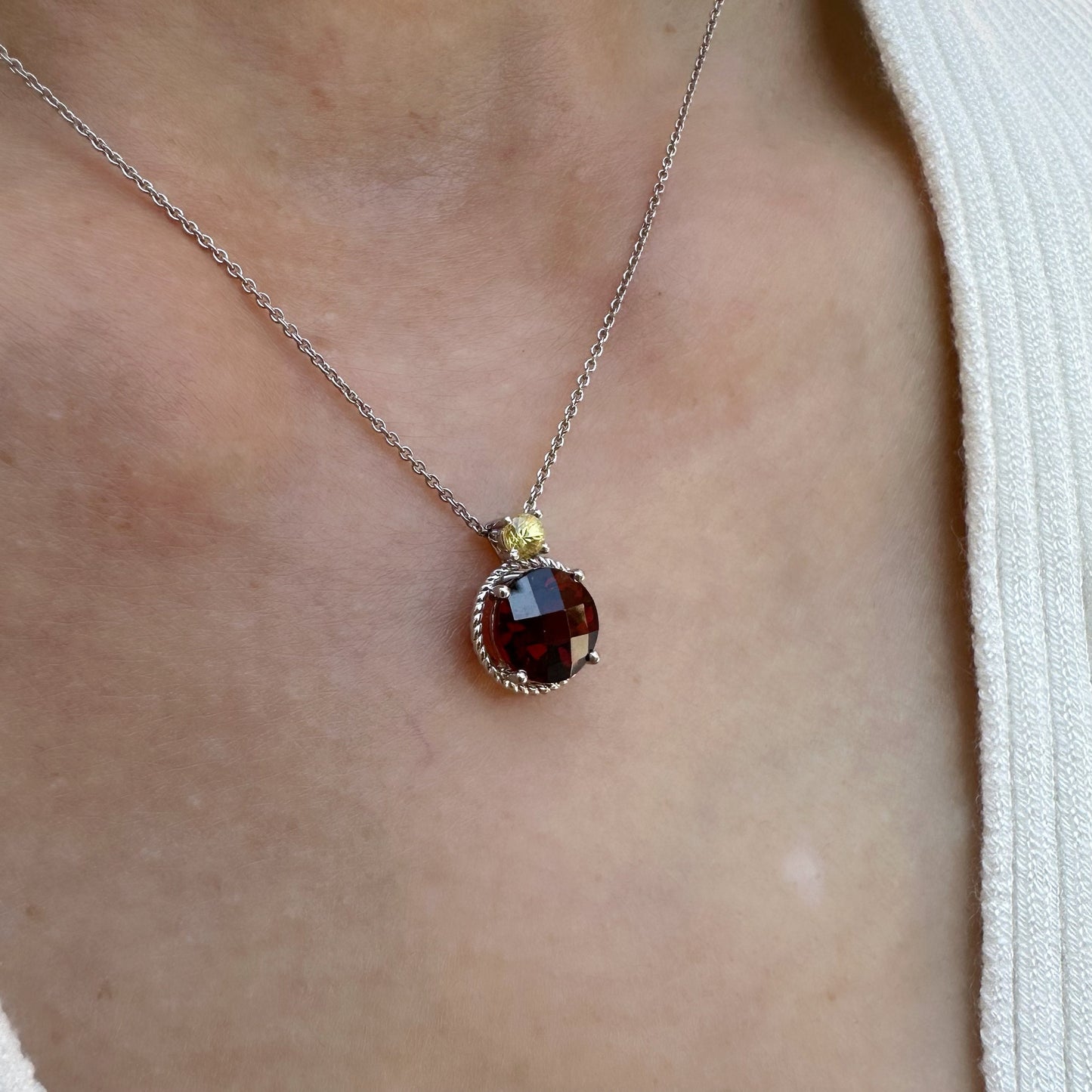 14K Solid Gold Genuine Cushion Cut Garnet and Yellow Sapphire Necklace