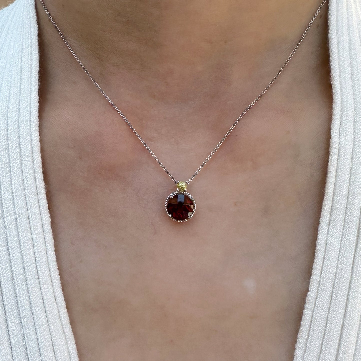 14K Solid Gold Genuine Cushion Cut Garnet and Yellow Sapphire Necklace