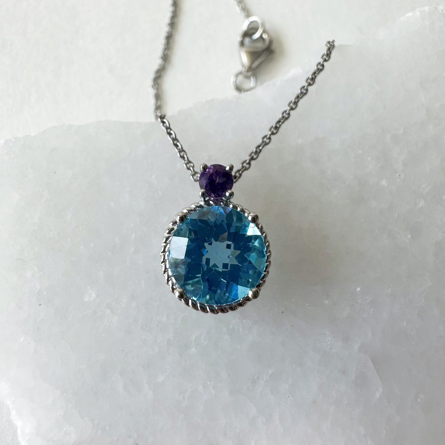 14K Solid Gold Genuine Cushion Cut Blue Topaz and Amethyst Necklace