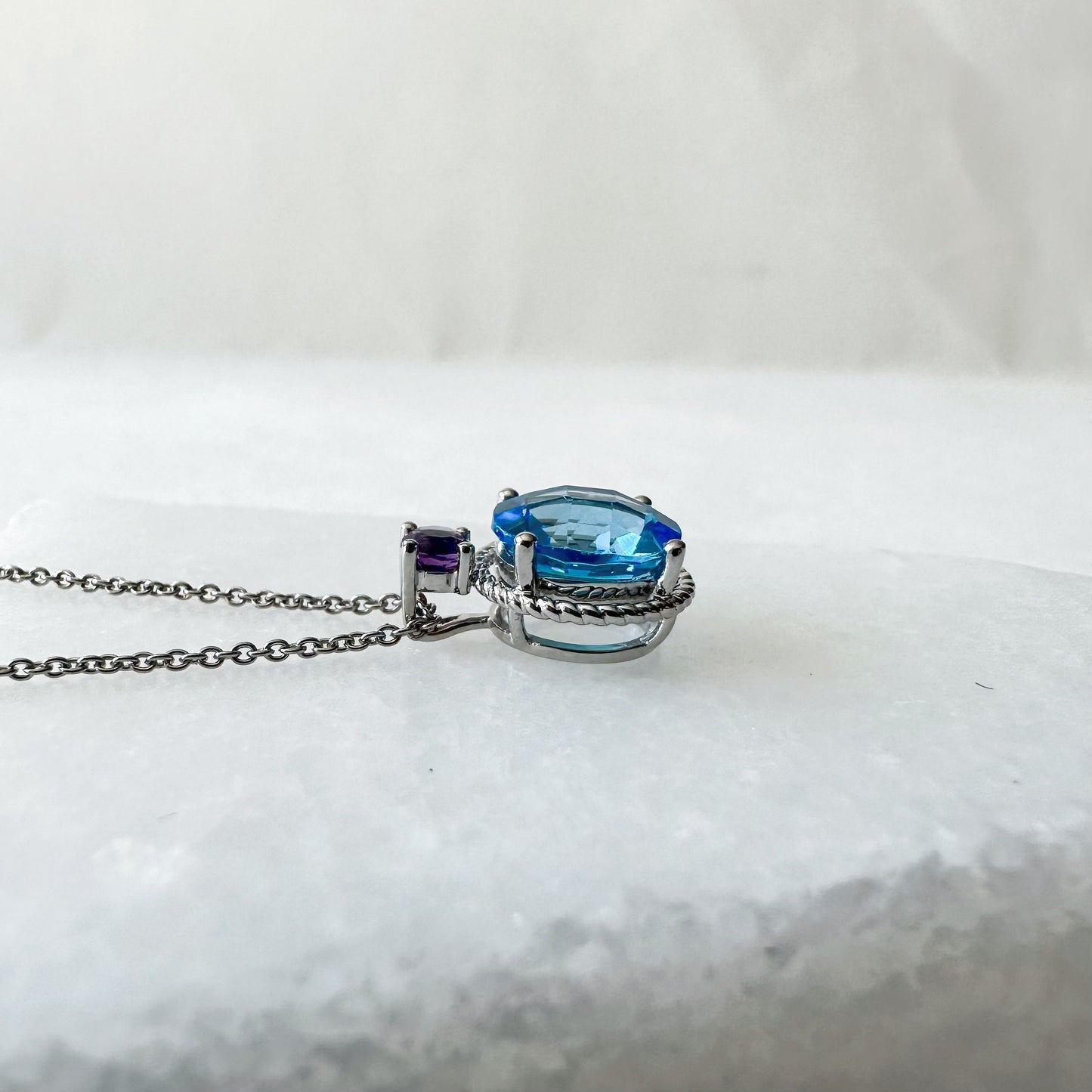 14K Solid Gold Genuine Cushion Cut Blue Topaz and Amethyst Necklace